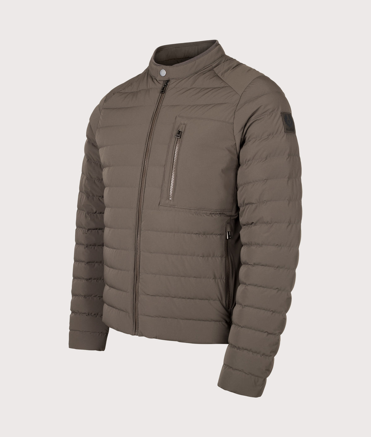 Belstaff Regular Fit Chassis Jacket in Army Olive at EQVVS Menswear. Angled front shot. 