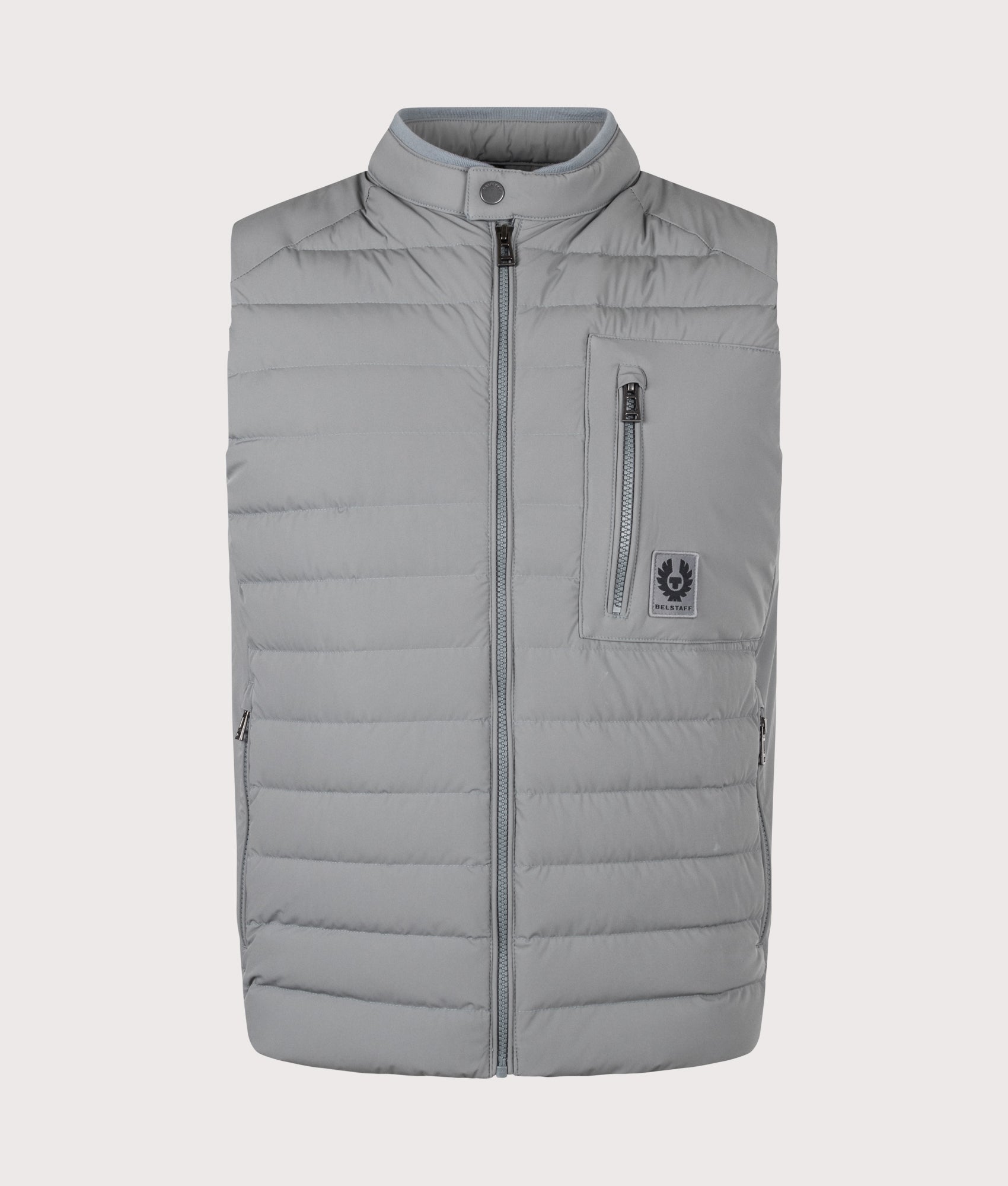 Belstaff Regular Fit Chassis Gilet in Atlantic Grey at EQVVS Menswear. Front shot.