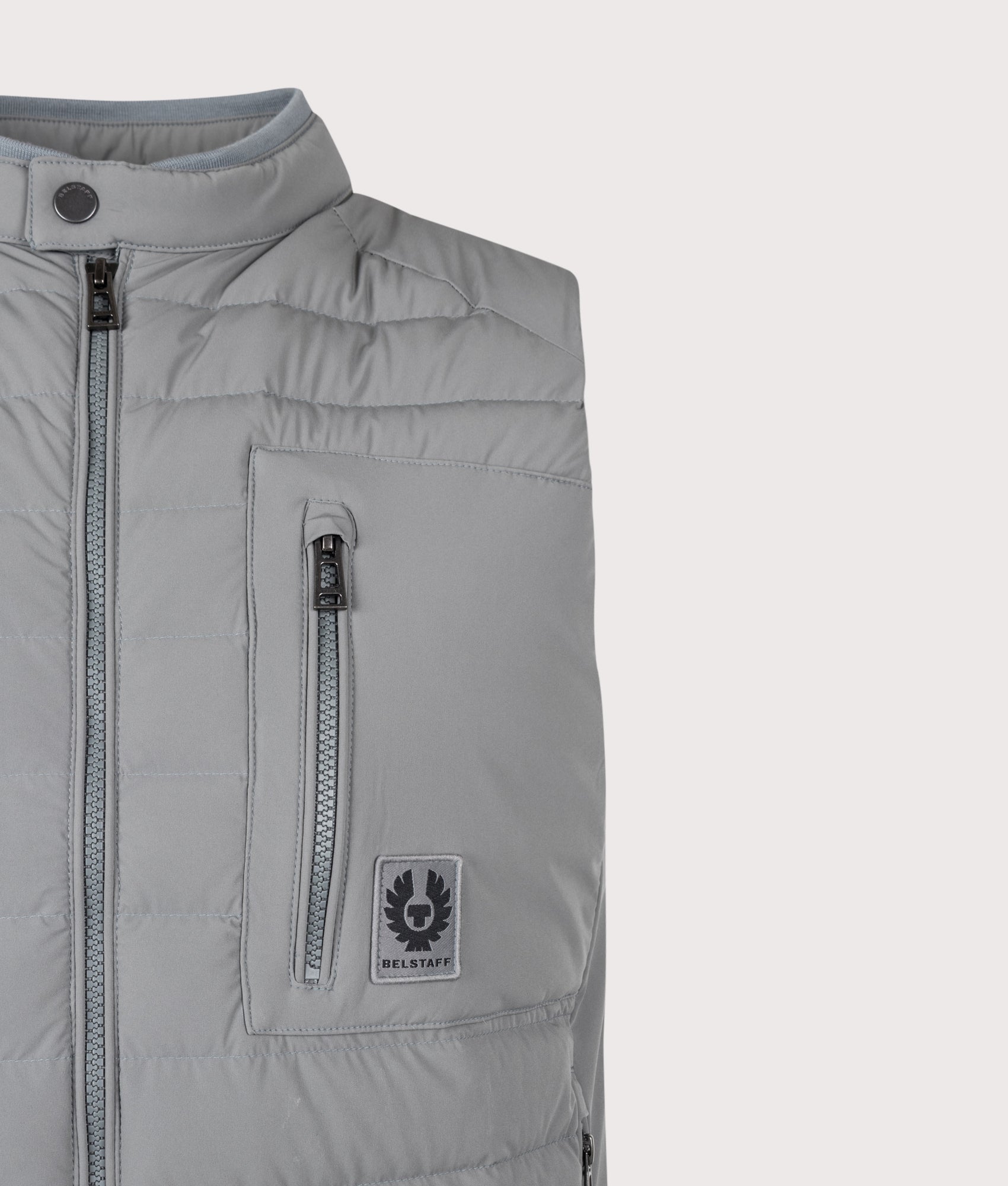 Belstaff Regular Fit Chassis Gilet in Atlantic Grey at EQVVS Menswear. Detail shot.