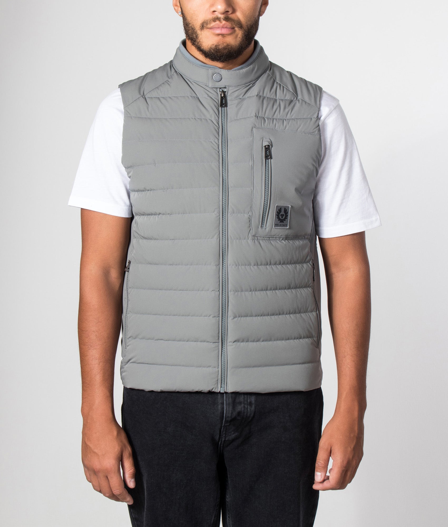 Belstaff Regular Fit Chassis Gilet in Atlantic Grey at EQVVS Menswear. Model front shot.