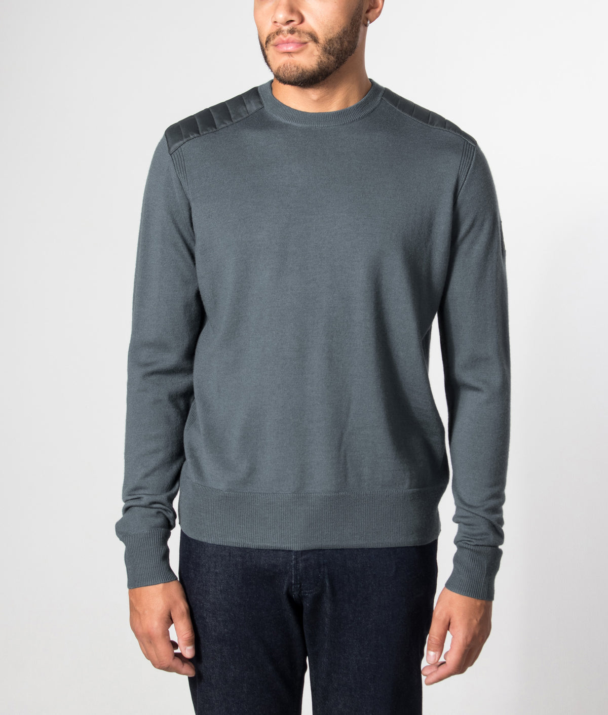 Belstaff Regular Fit Kerrigan Crewneck Jumper in Petrol at EQVVS Menswear. Model front shot.