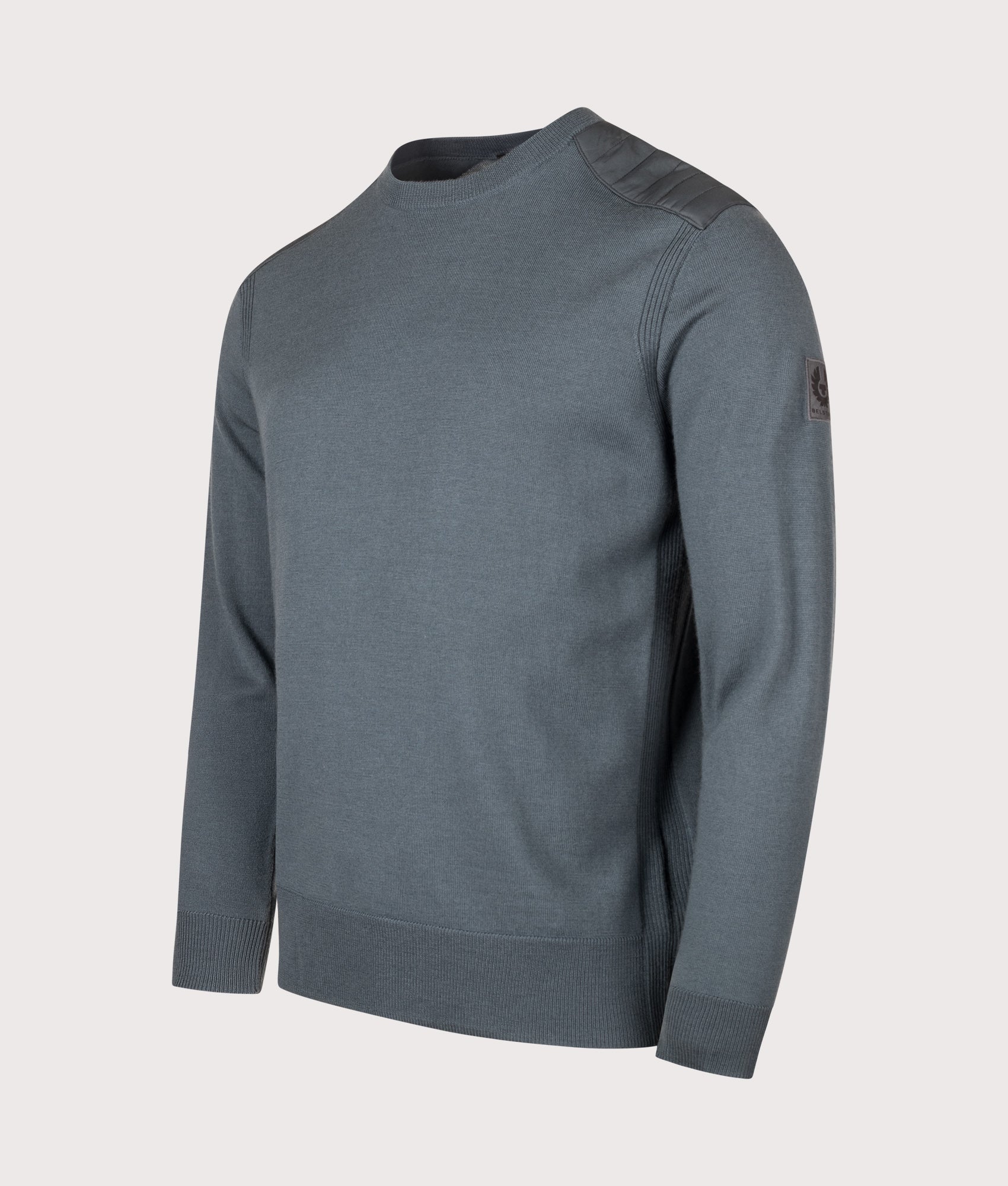 Belstaff Regular Fit Kerrigan Crewneck Jumper in Petrol at EQVVS Menswear. Angled front shot.