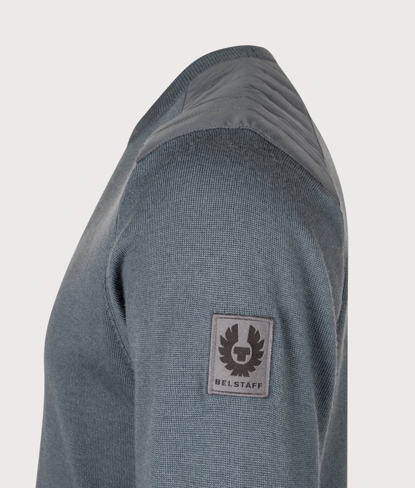 Belstaff Regular Fit Kerrigan Crewneck Jumper in Petrol at EQVVS Menswear. Detail shot.
