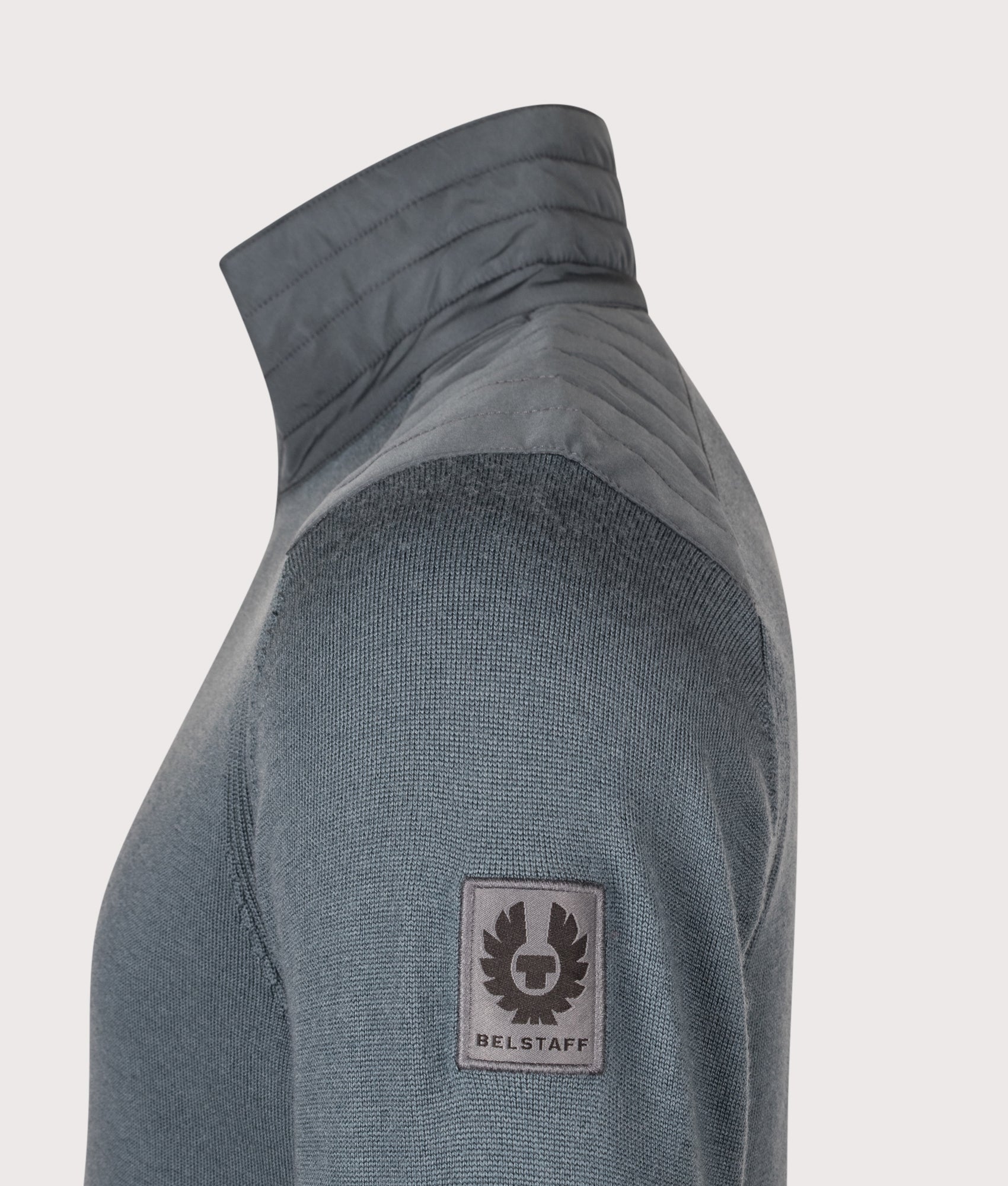 Belstaff Regular Fit Kilmington Quarter Zip Jumper in Petrol at EQVVS Menswear. Detail shot.