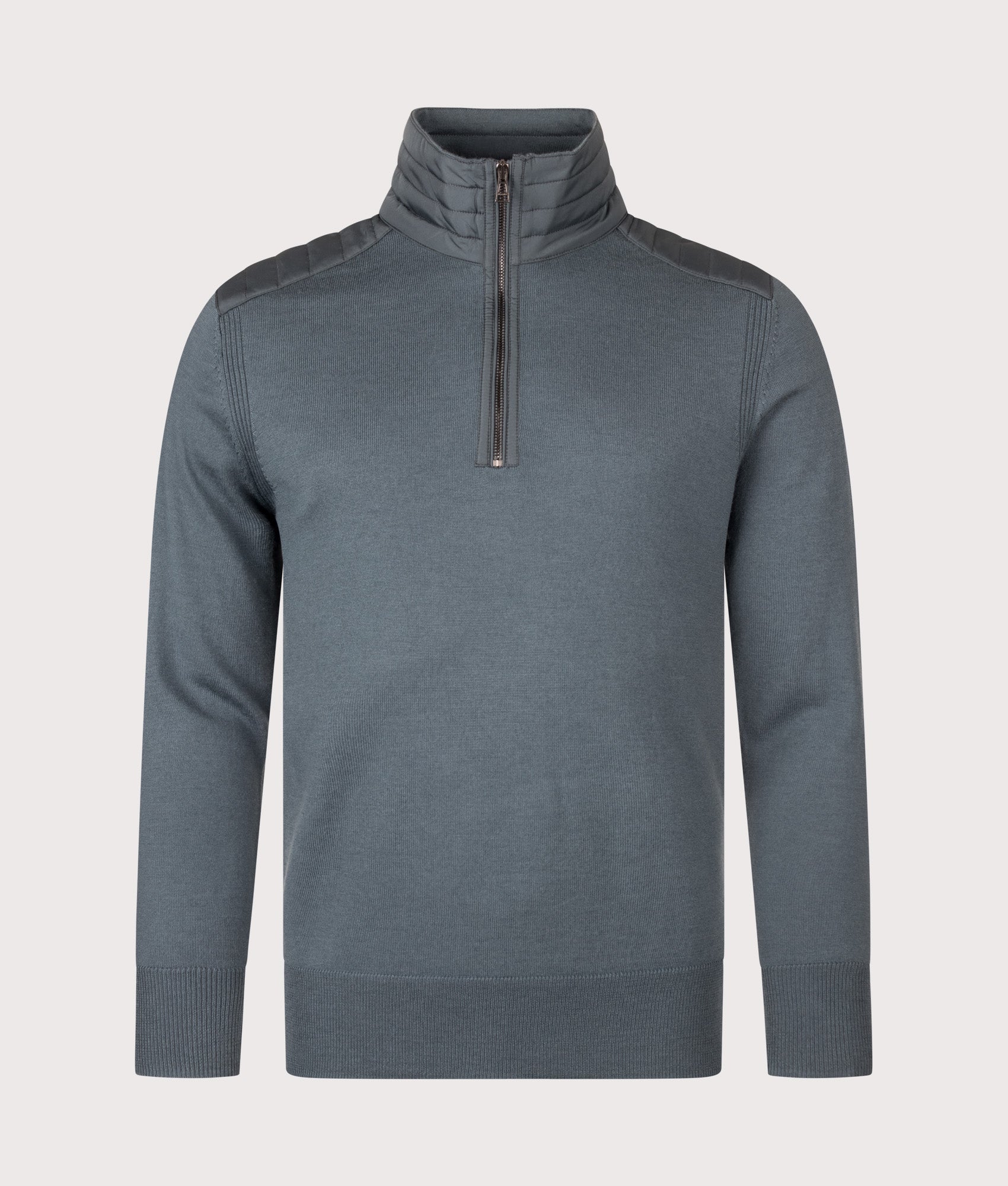 Belstaff Regular Fit Kilmington Quarter Zip Jumper in Petrol at EQVVS Menswear. Front shot.
