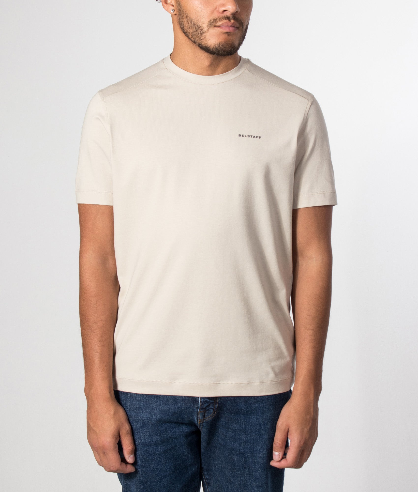 Belstaff Regular Fit Alloy T-Shirt in Pale stone at EQVVS Menswear. Model front shot.