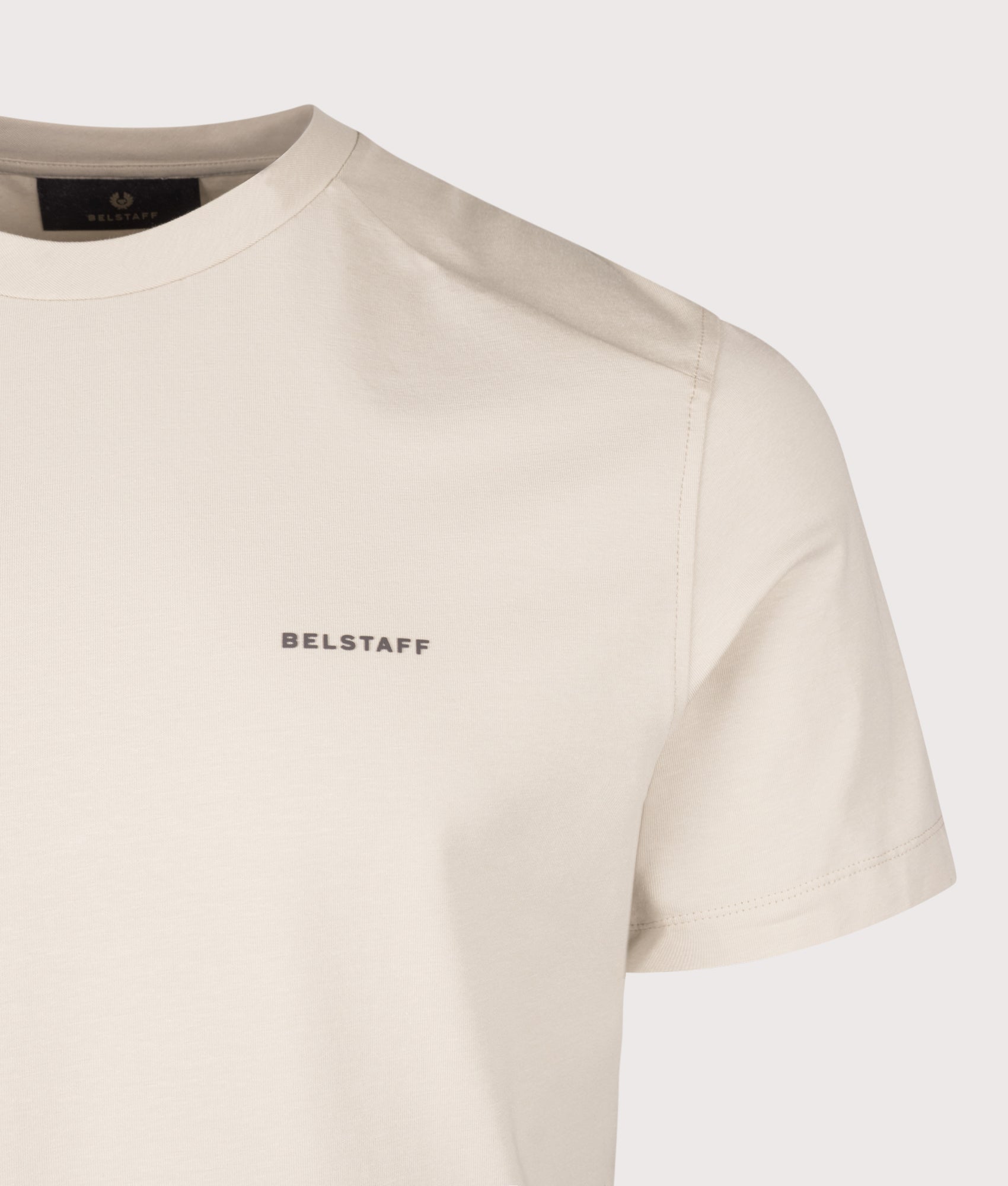 Belstaff Regular Fit Alloy T-Shirt in Pale stone at EQVVS Menswear. Detail shot.