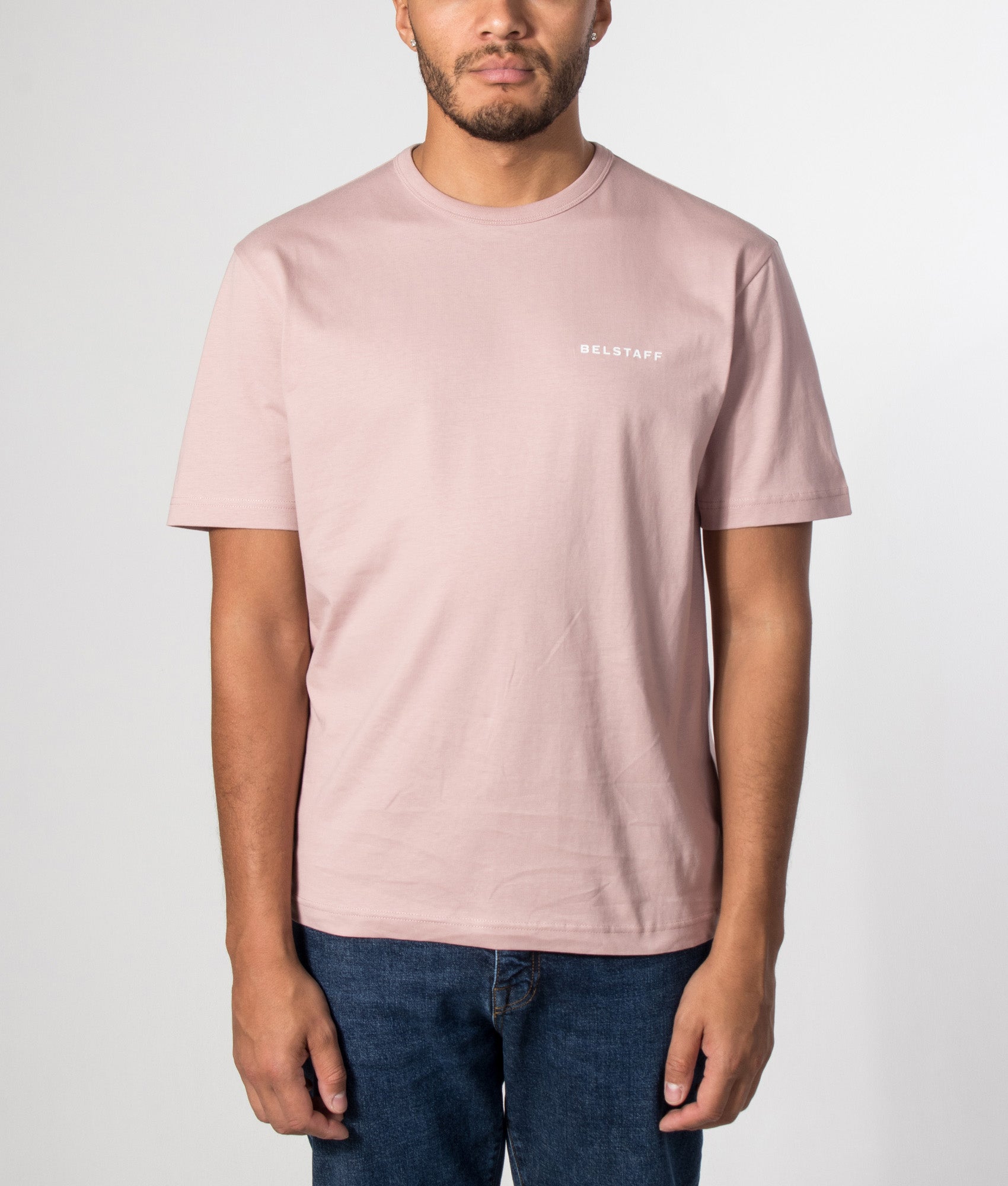 Belstaff Relaxed Fit Border T-Shirt in Dusk Pink at EQVVS Menswear. Model front shot.