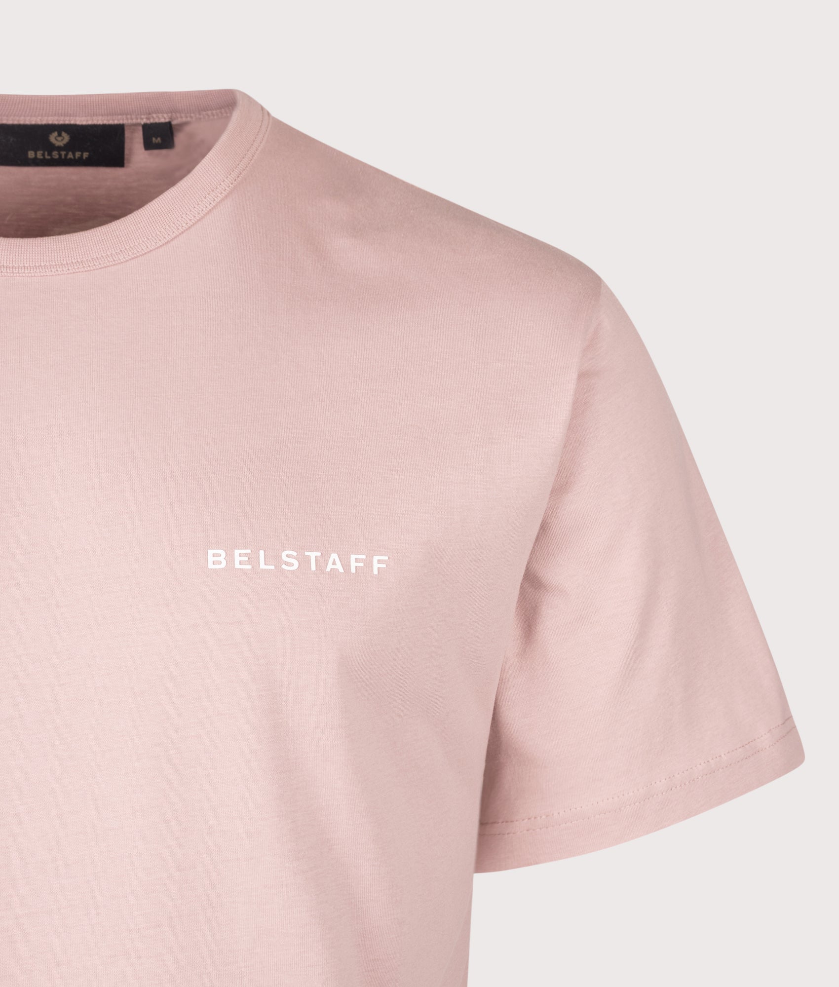 Belstaff Relaxed Fit Border T-Shirt in Dusk Pink at EQVVS Menswear. Detail shot.