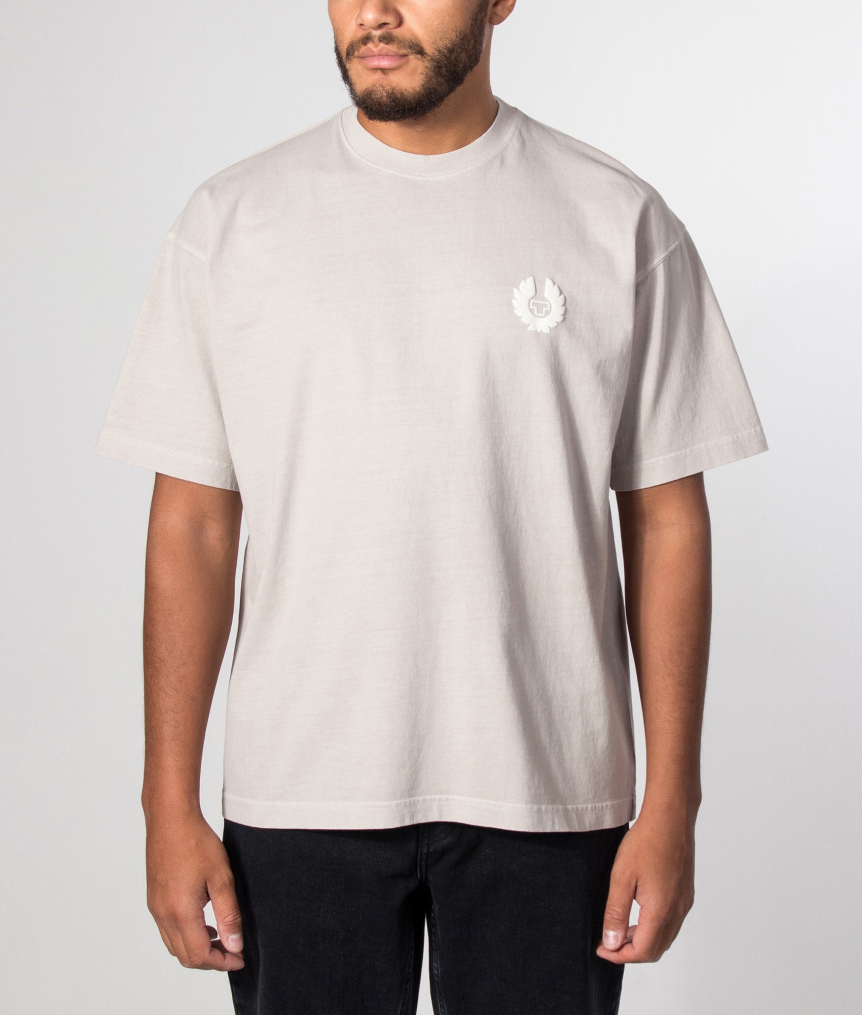 Belstaff Oversized Fit Competition T-Shirt in Concrete at EQVVS Menswear. Model front shot.