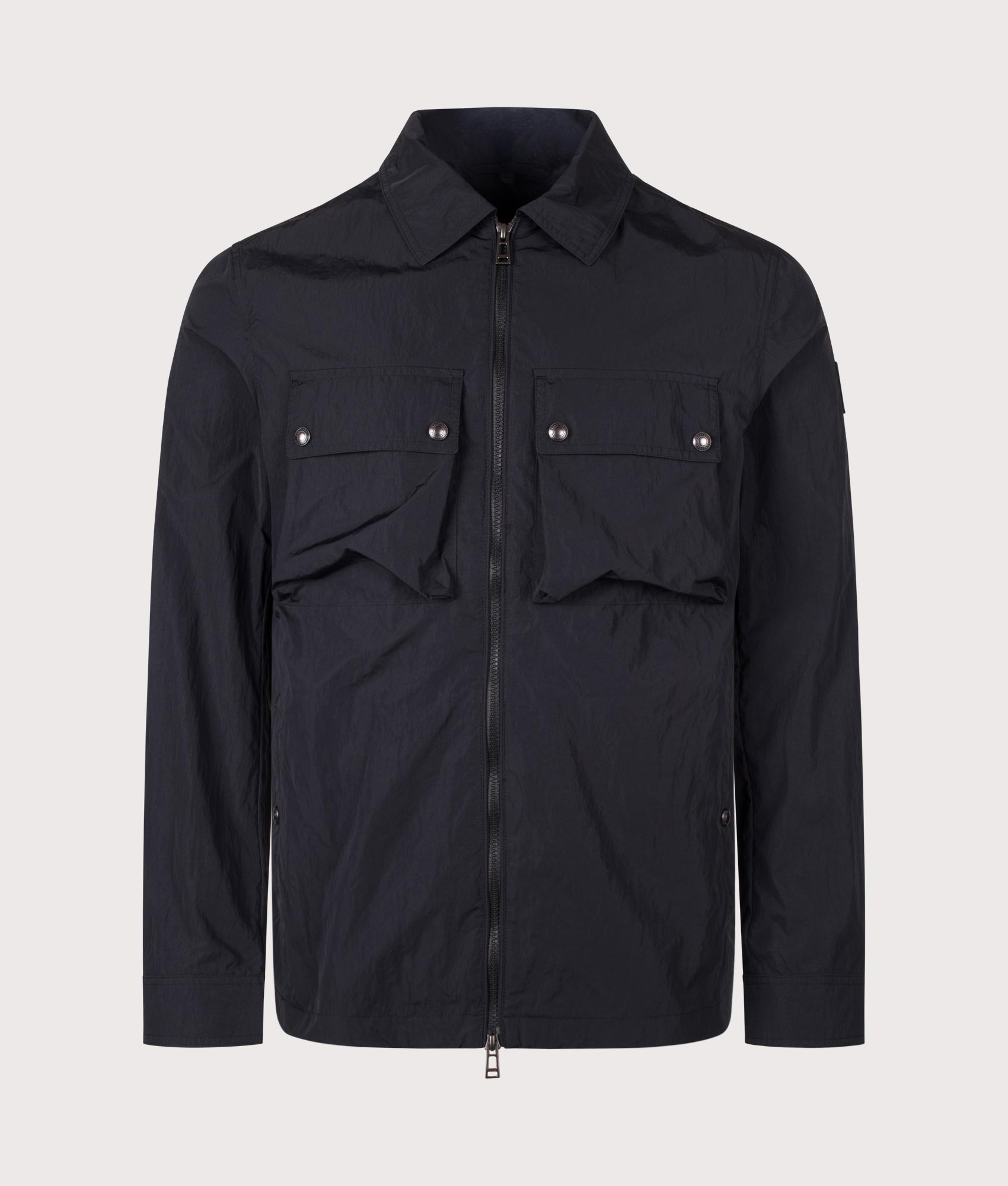 Belstaff Regular Fit Tourer Overshirt in Black at EQVVS Menswear. Front shot.