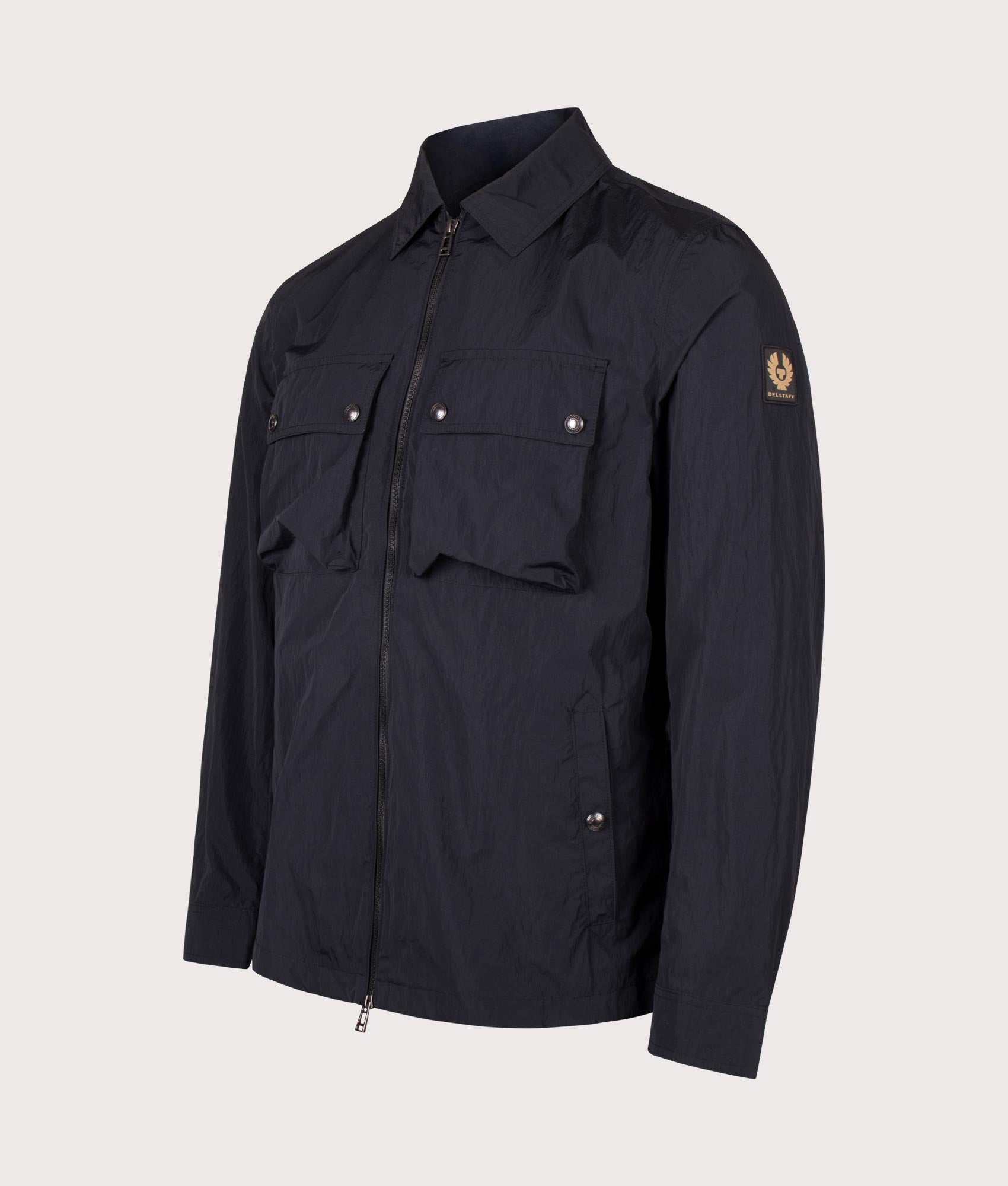 Belstaff Regular Fit Tourer Overshirt in Black at EQVVS Menswear. Angled front 