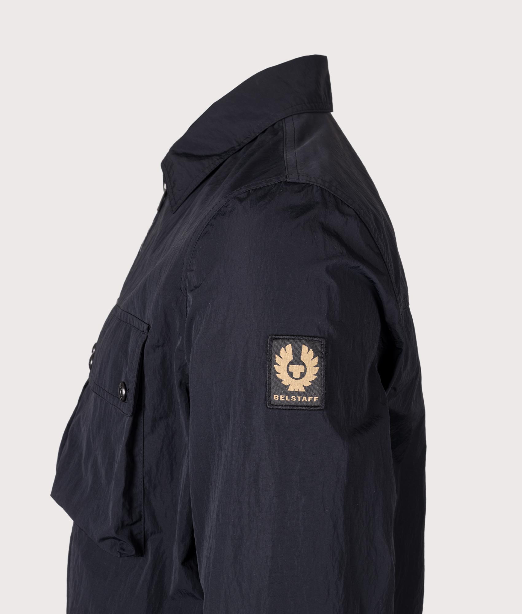 Belstaff Regular Fit Tourer Overshirt in Black at EQVVS Menswear. Detail shot.
