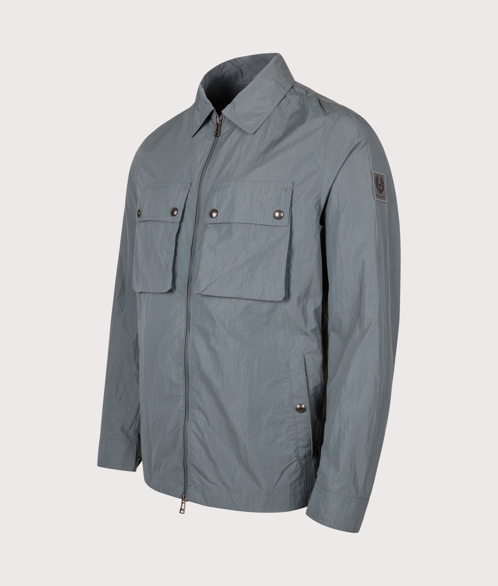 Belstaff Regular Fit Tourer Overshirt in Petrol at EQVVS Menswear. Angled front shot.