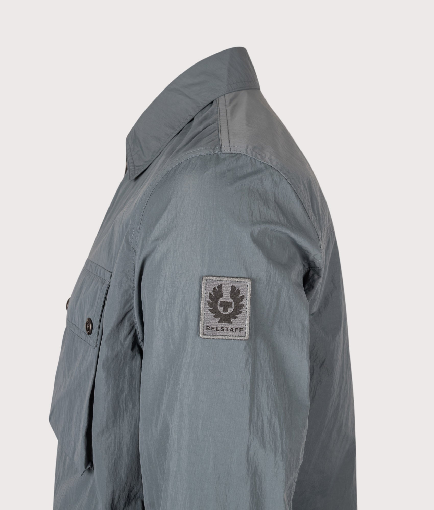 Belstaff Regular Fit Tourer Overshirt in Petrol at EQVVS Menswear. Detail shot.