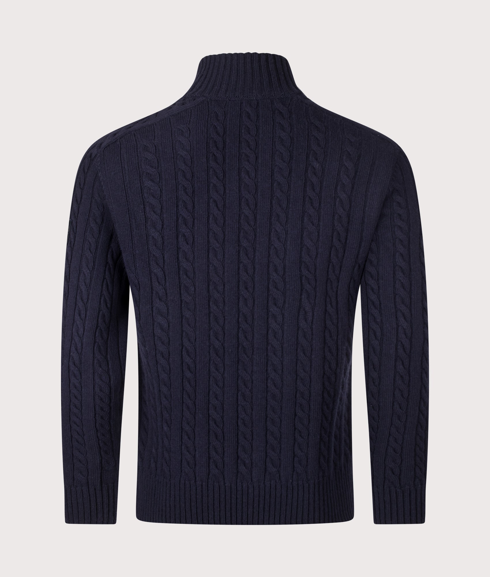 Belstaff Regular Fit Westport Quarter Zip Jumper in Dark Ink at EQVVS Menswear. Back shot.