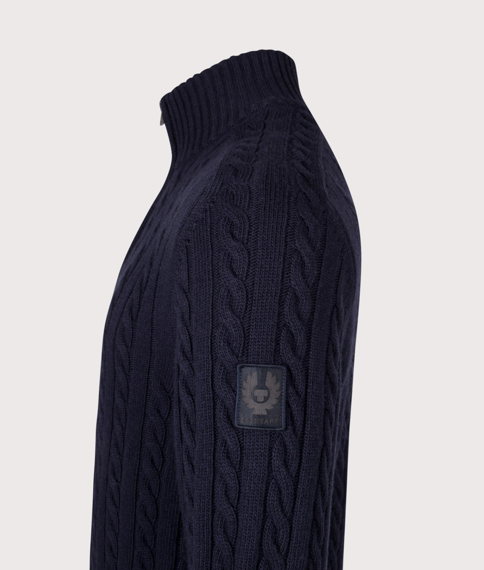 Belstaff Regular Fit Westport Quarter Zip Jumper in Dark Ink at EQVVS Menswear. Detail shot.