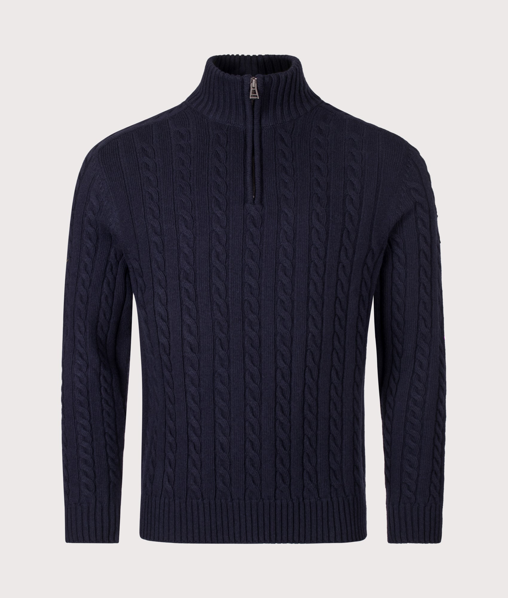 Belstaff Regular Fit Westport Quarter Zip Jumper in Dark Ink at EQVVS Menswear. Front shot.