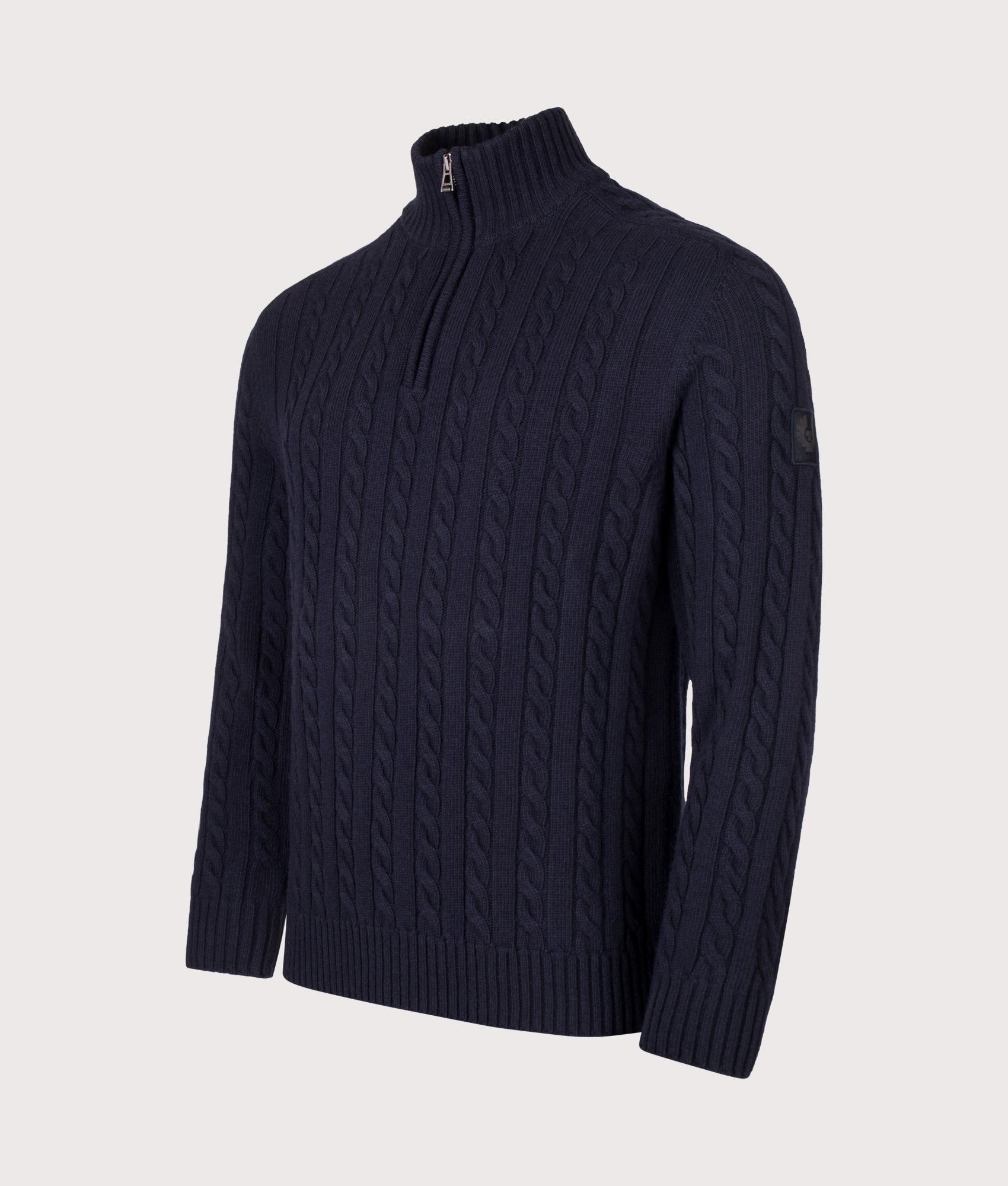 Belstaff Regular Fit Westport Quarter Zip Jumper in Dark Ink at EQVVS Menswear. Angled front shot.
