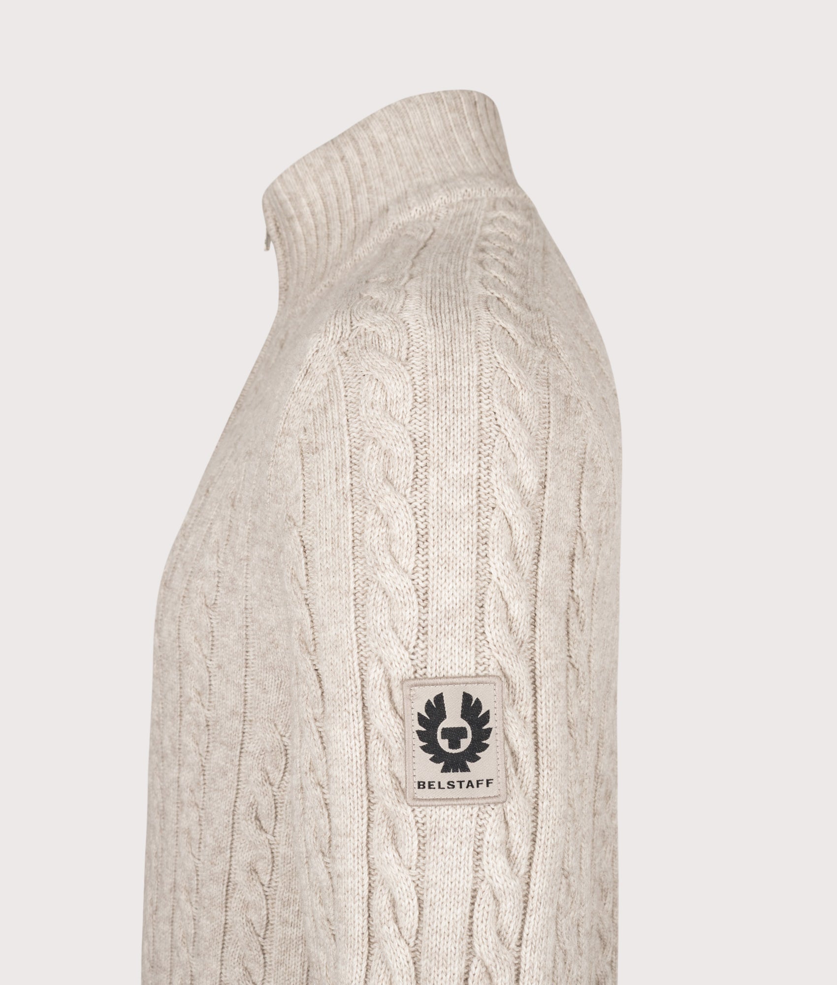 Belstaff Regular Fit Westport Quarter Zip Jumper in Pale Stone at EQVVS Menswear. Detail shot.