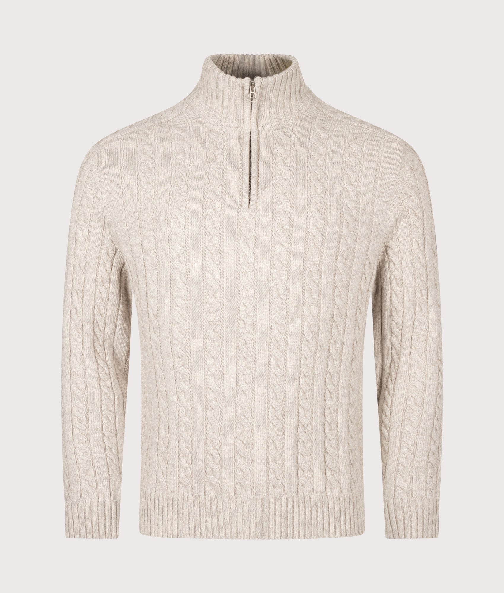 Belstaff Regular Fit Westport Quarter Zip Jumper in Pale Stone at EQVVS Menswear. Front shot.