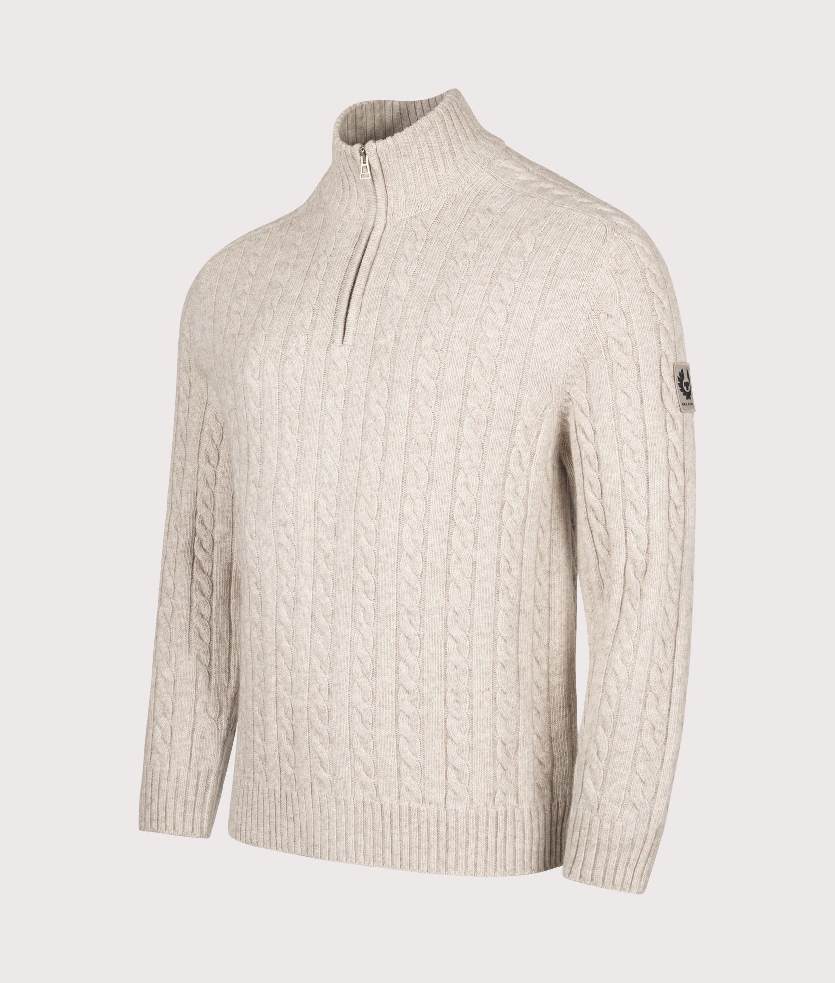 Belstaff Regular Fit Westport Quarter Zip Jumper in Pale Stone at EQVVS Menswear. Angled front shot.