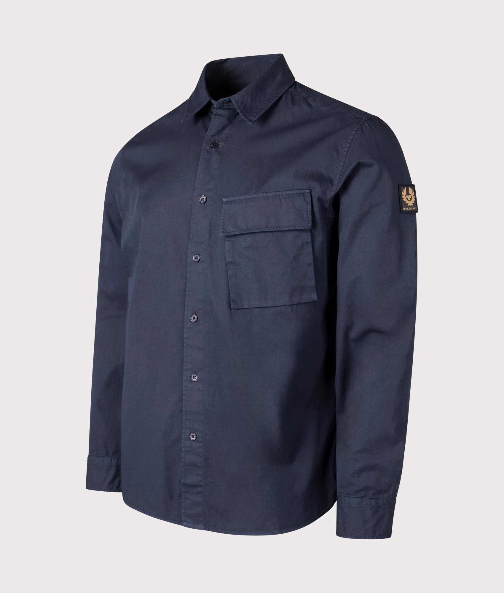 Belstaff Scale Shirt in Dark Ink, 100% Cotton. At EQVVS Menswear. Front angle detail shot