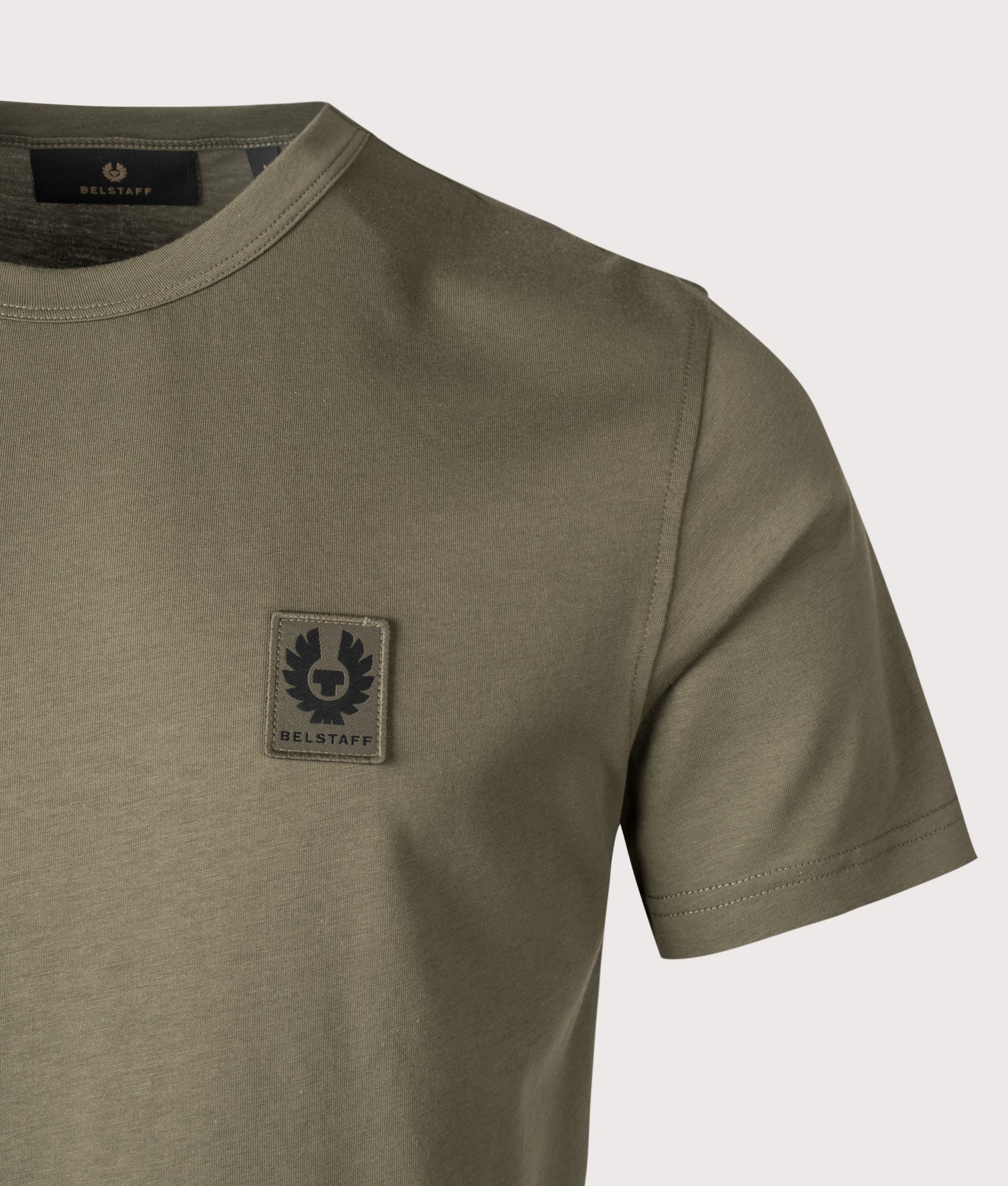 Belstaff T-Shirt in True Olive at EQVVS Menswear. Detail shot.