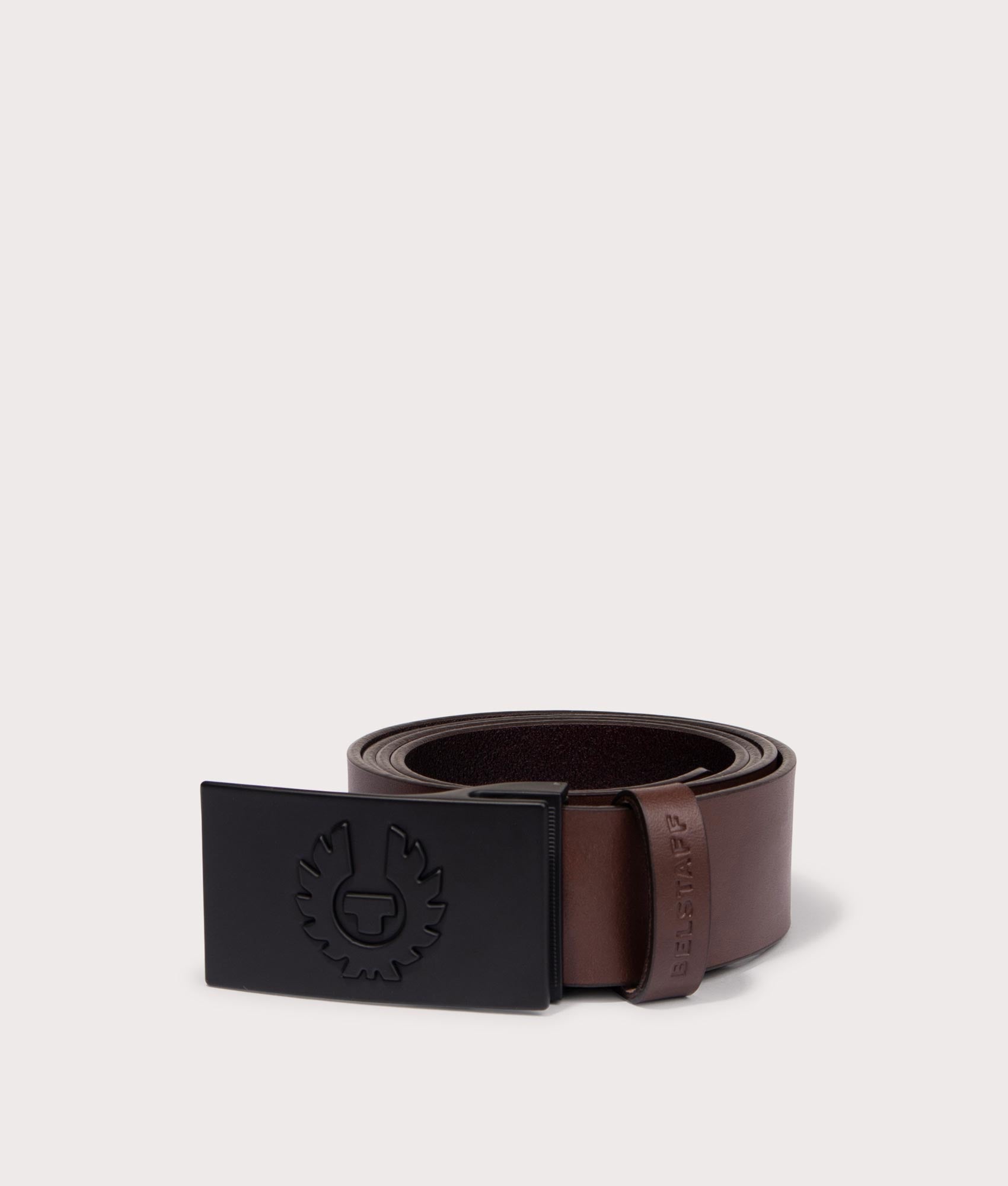 Belstaff Phoenix Buckle Belt in ebony brown with metal buckle detail shot at EQVVS