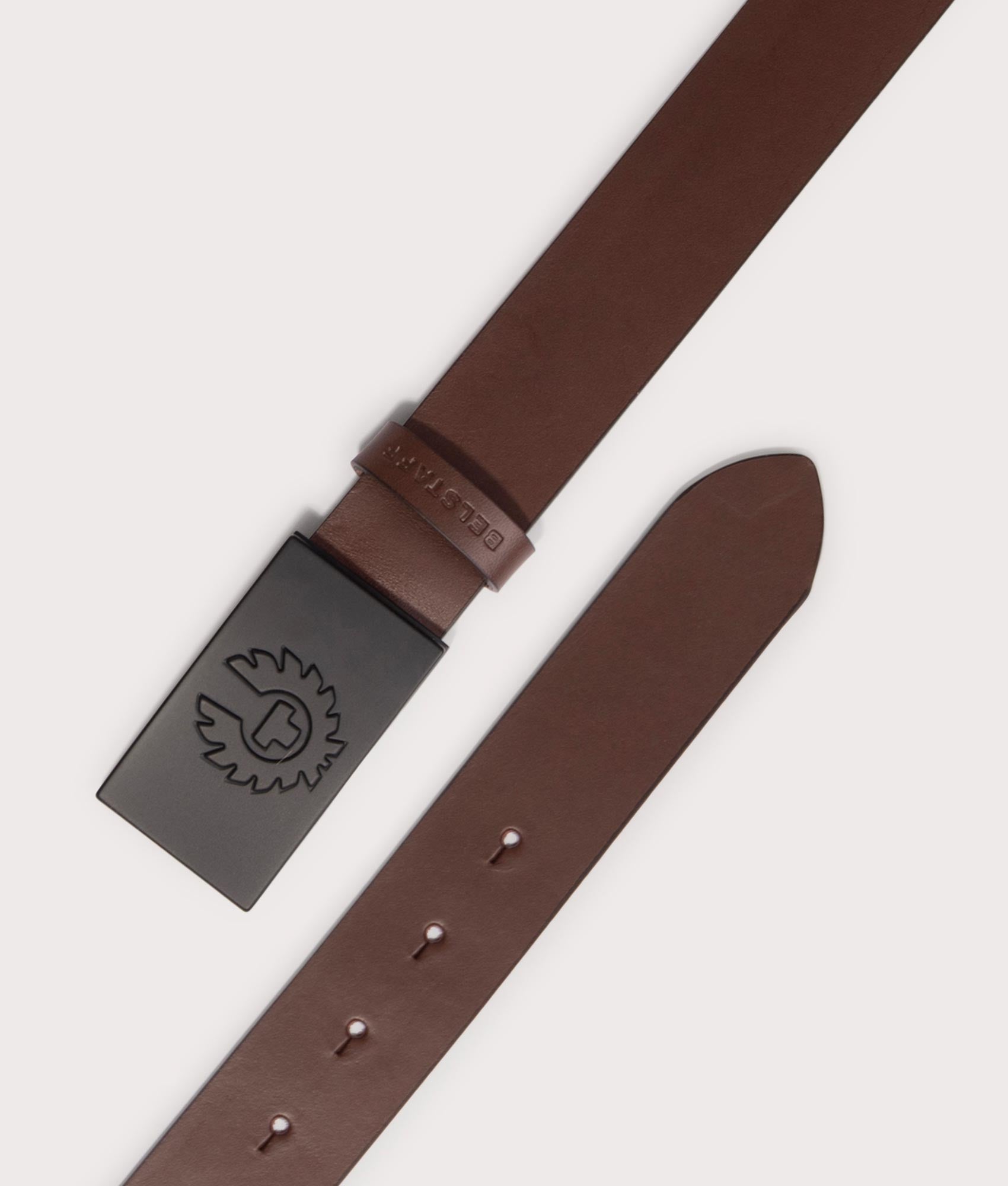 Belstaff Phoenix Buckle Belt in ebony brown with metal buckle belt shot at EQVVS