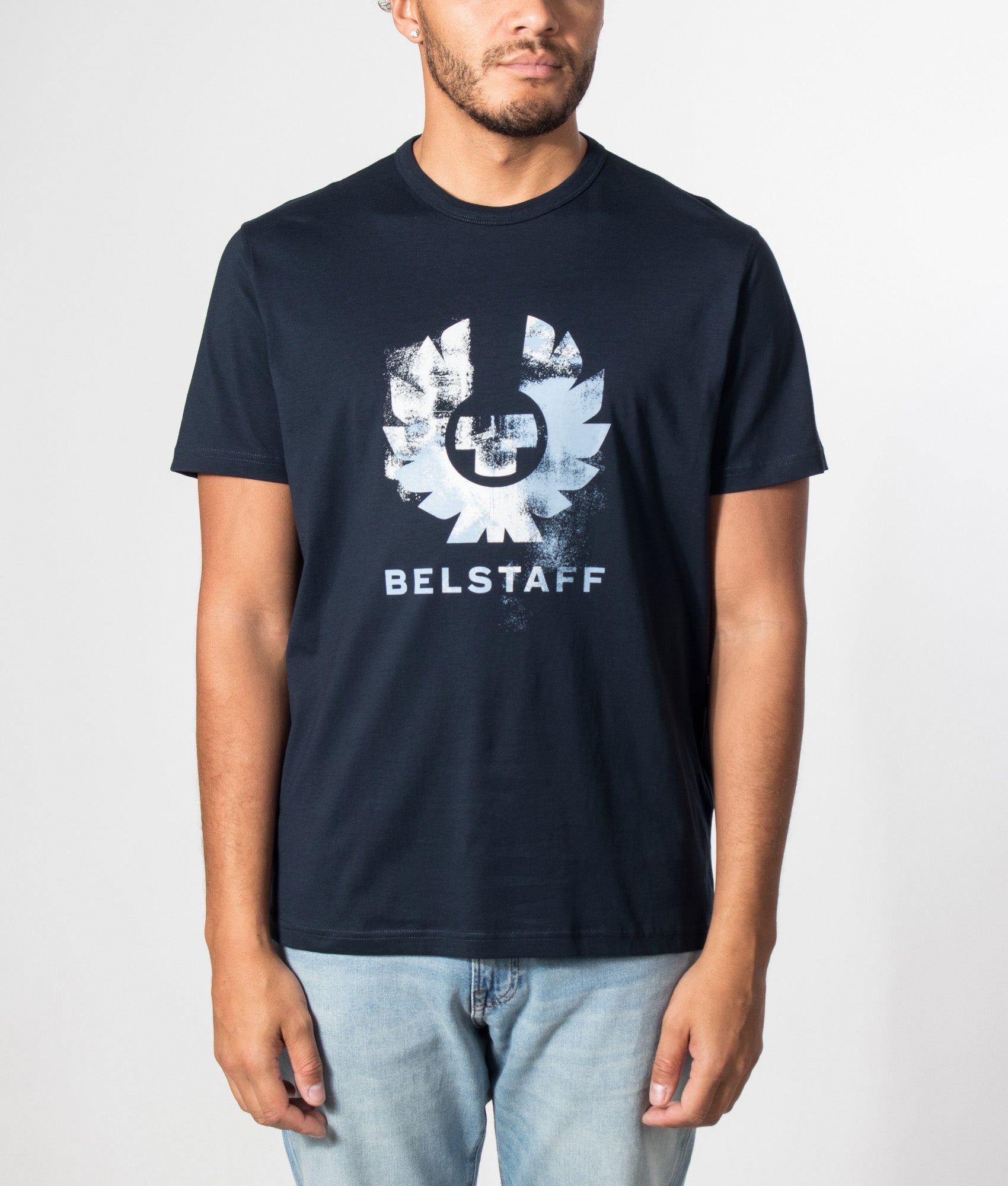 Belstaff release the Regular Fit Concrete Blur T-Shirt in Dark Ink at EQVVS Menswear. Model front shot.