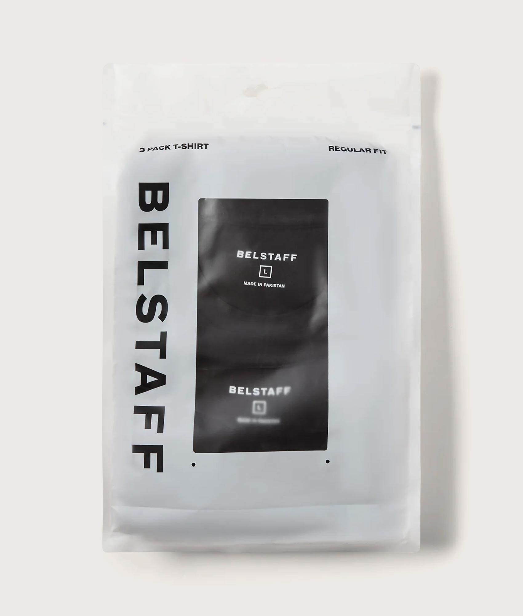 Belstaff Regular Fit 3 Pack T-Shirt in Black at EQVVS Menswear. Package shot.