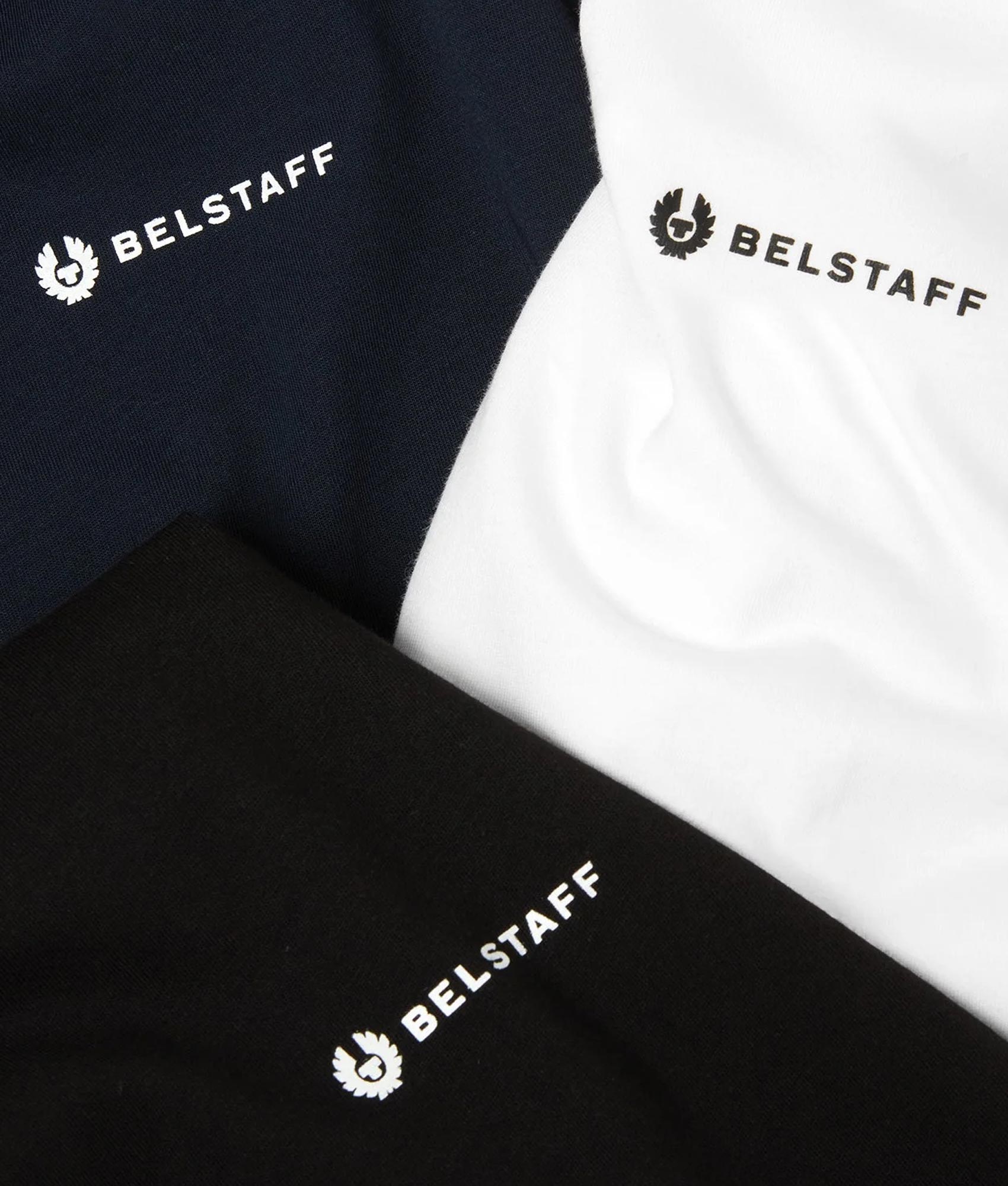 Belstaff Regular Fit 3 Pack T-Shirts in Black, Dark Ink and White at EQVVS Menswear. Detail shot.