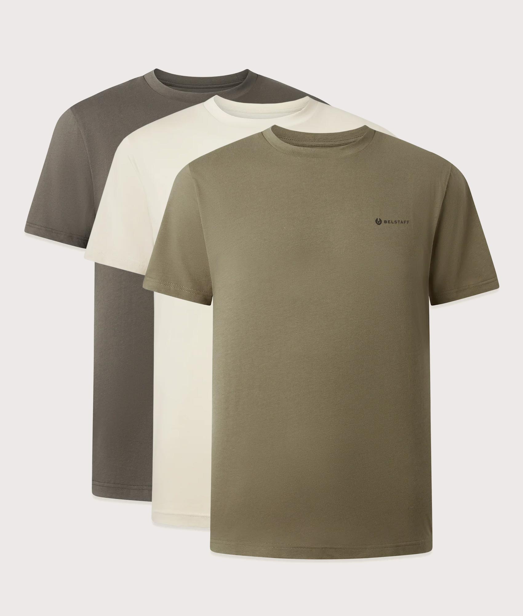 Belstaff Regular Fit 3 Pack T-Shirts in Olive, Khaki Green and Pale Stone at EQVVS Menswear. Front shot.