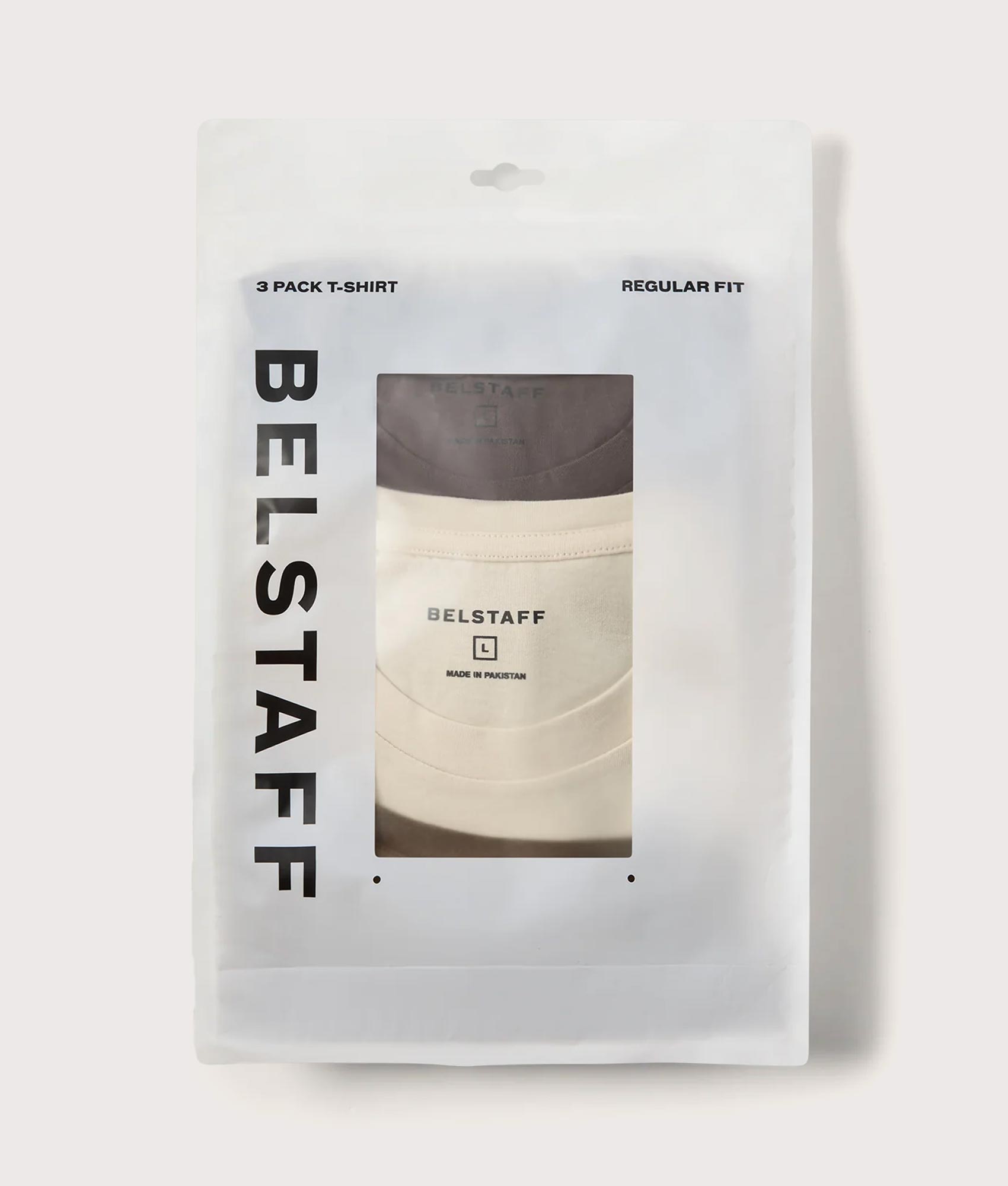Belstaff Regular Fit 3 Pack T-Shirts in Olive, Khaki Green and Pale Stone at EQVVS Menswear. Package shot.