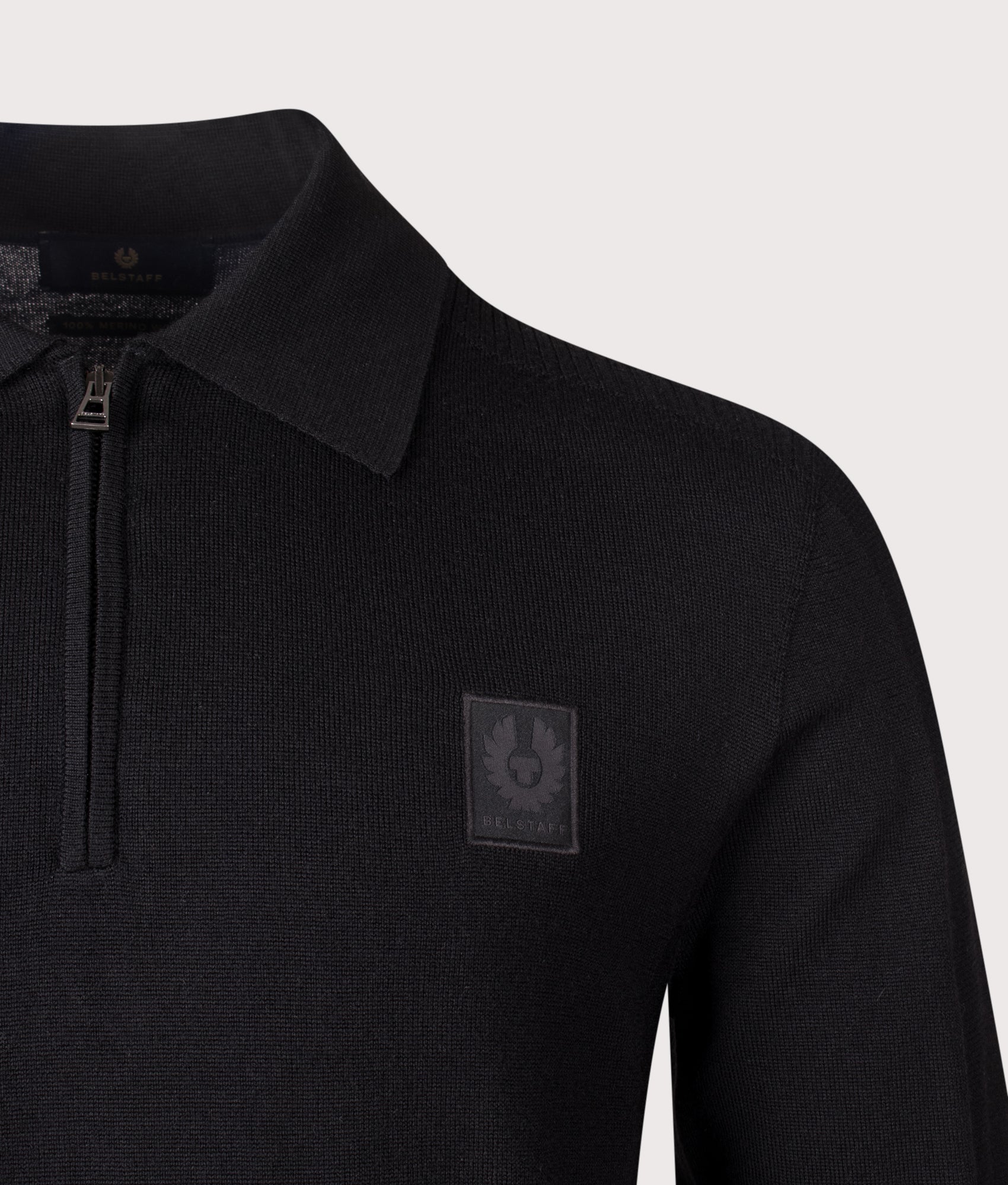 Belstaff Regular Fit Colden Knitted Polo Shirt in Black at EQVVS Menswear. Detail shot.