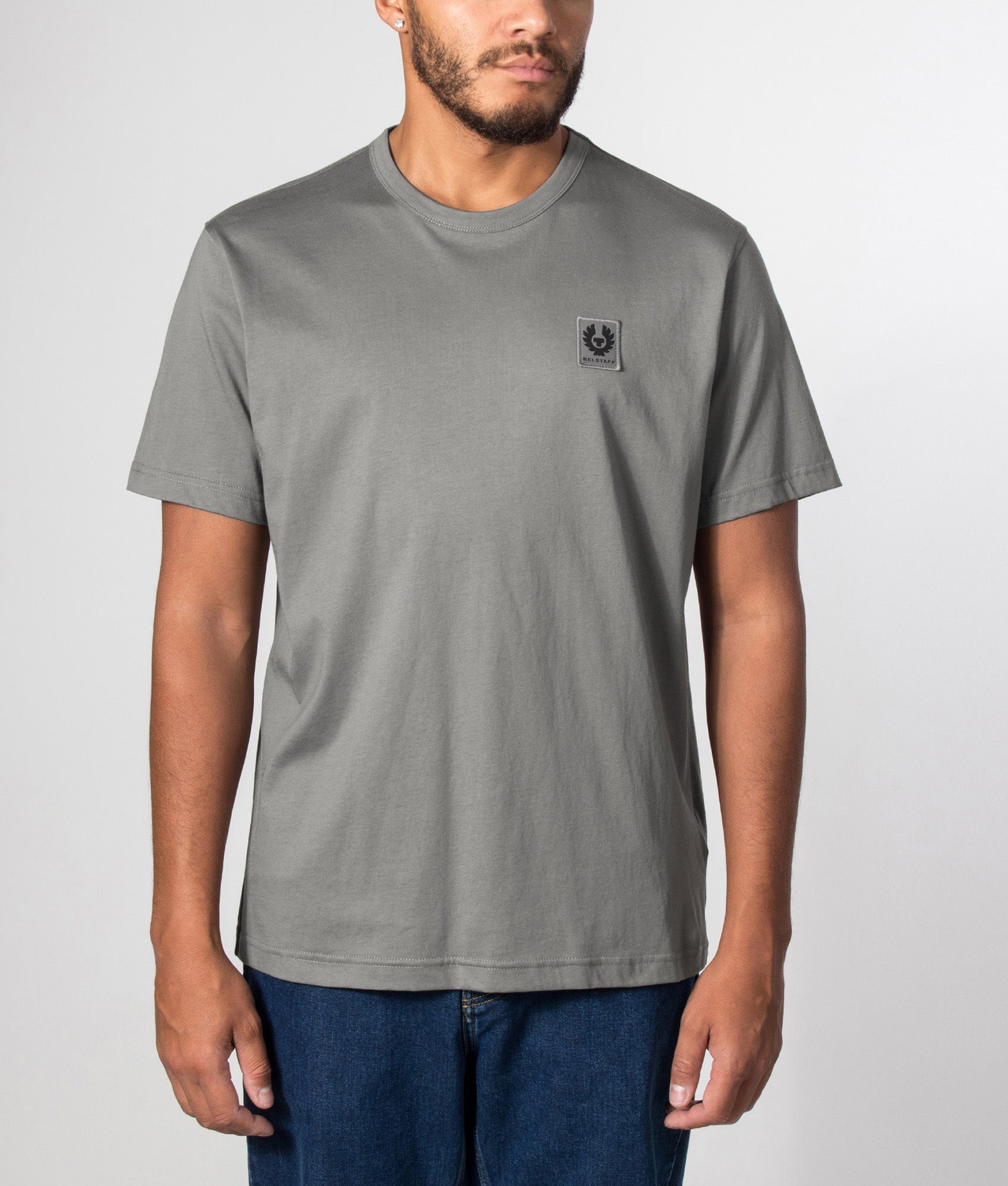 Belstaff Regular Fit Belstaff T-Shirt in Atlantic Grey at EQVVS Menswear. Model front shot.