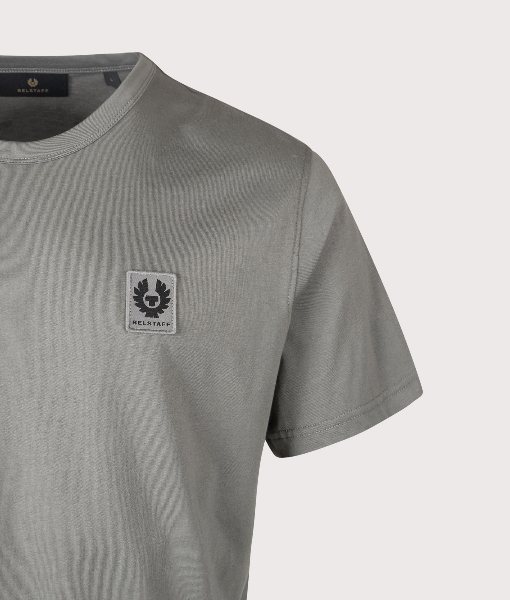 Belstaff Regular Fit Belstaff T-Shirt in Atlantic Grey at EQVVS Menswear. Detail shot.
