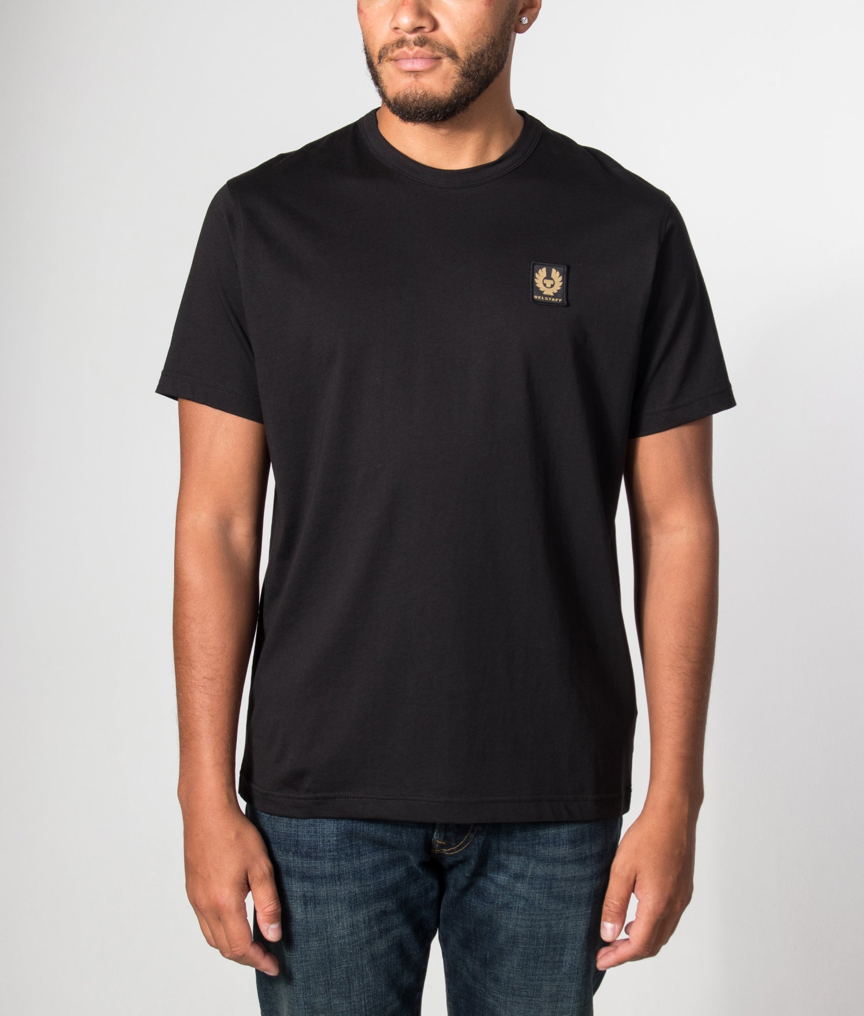 Belstaff Regular Fit Belstaff T-Shirt in  Black at EQVVS Menswear. Model front shot.