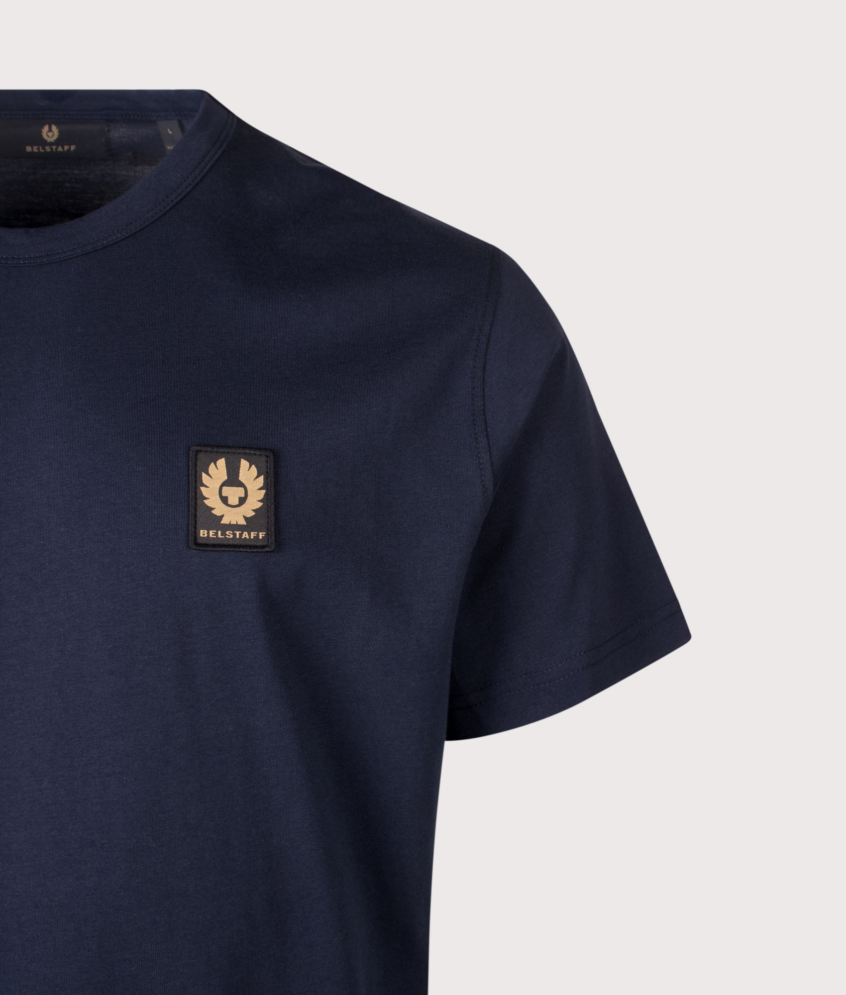 Belstaff Regular Fit Belstaff T-Shirt in Dark Ink at EQVVS Menswear. Detail shot.
