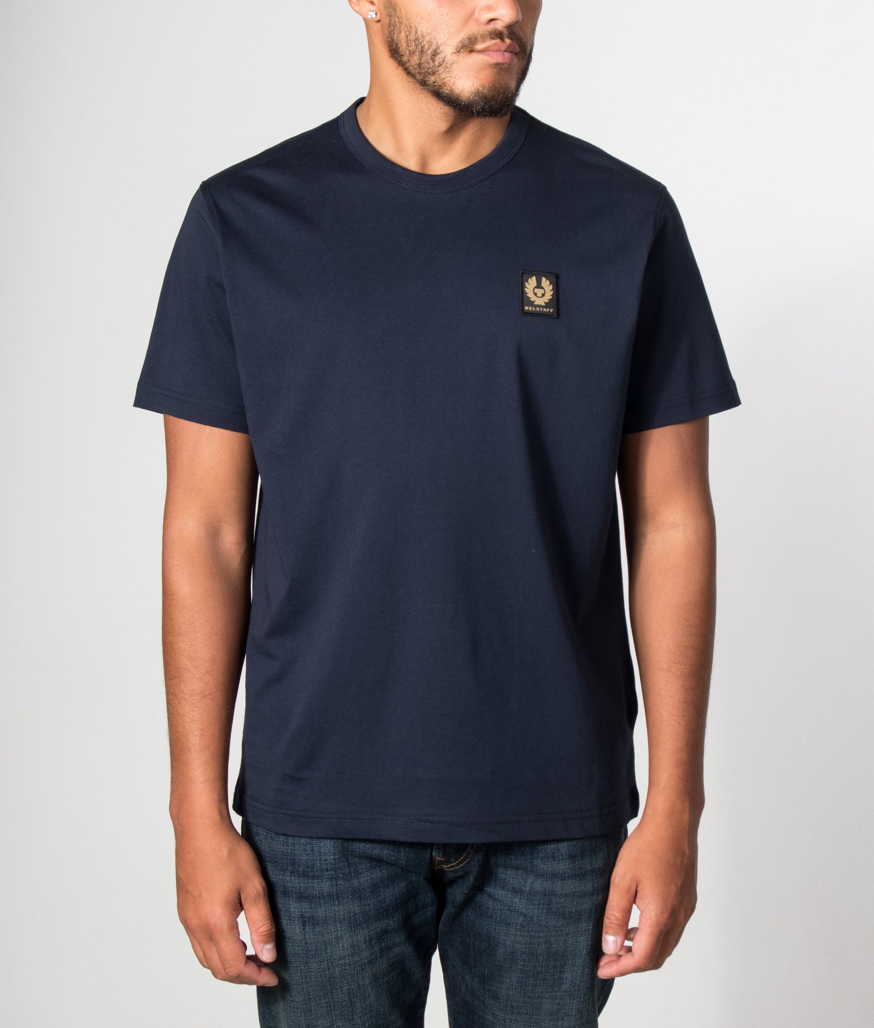 Belstaff Regular Fit Belstaff T-Shirt in Dark Ink at EQVVS Menswear. Model front shot.