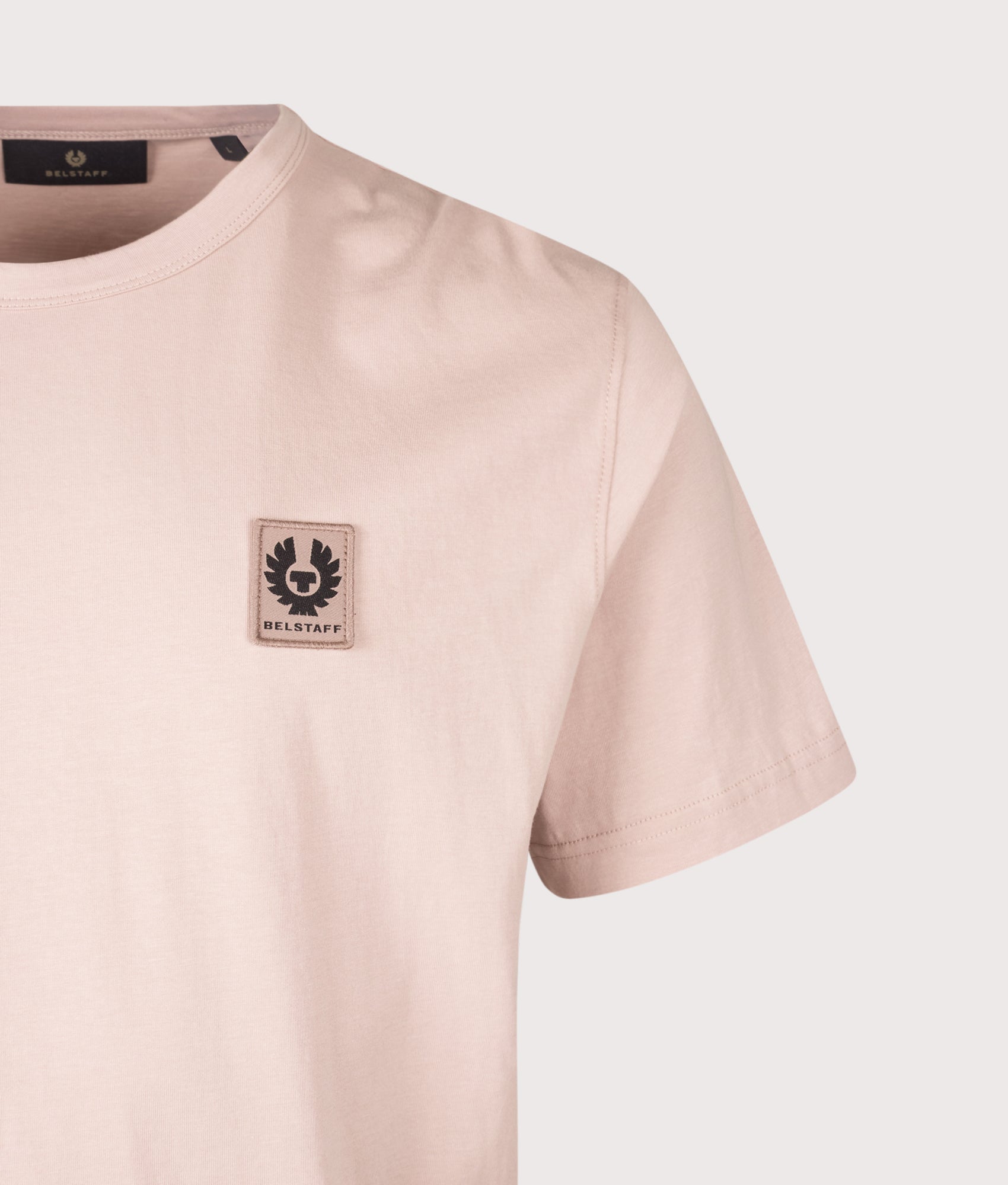 Belstaff Regular Fit Belstaff T-Shirt in Dusk Pink at EQVVS Menswear. Detail shot.