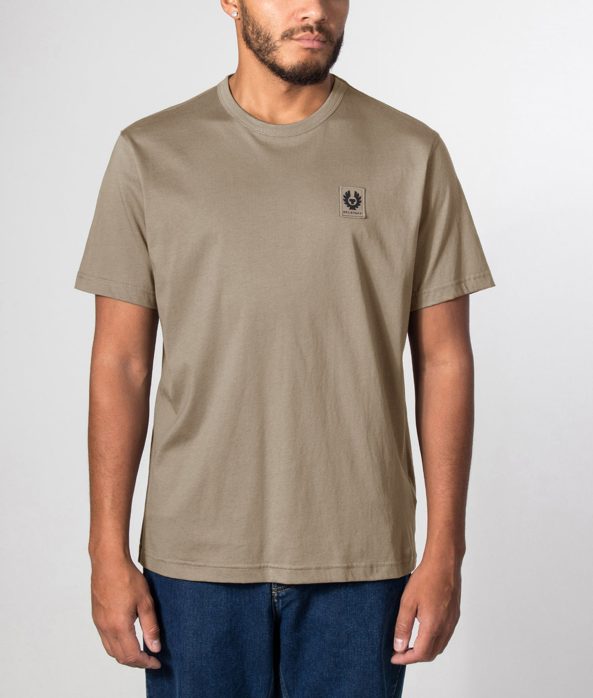 Belstaff Regular Fit Belstaff T-Shirt in  Dusty Taupe at EQVVS Menswear. Front model shot.
