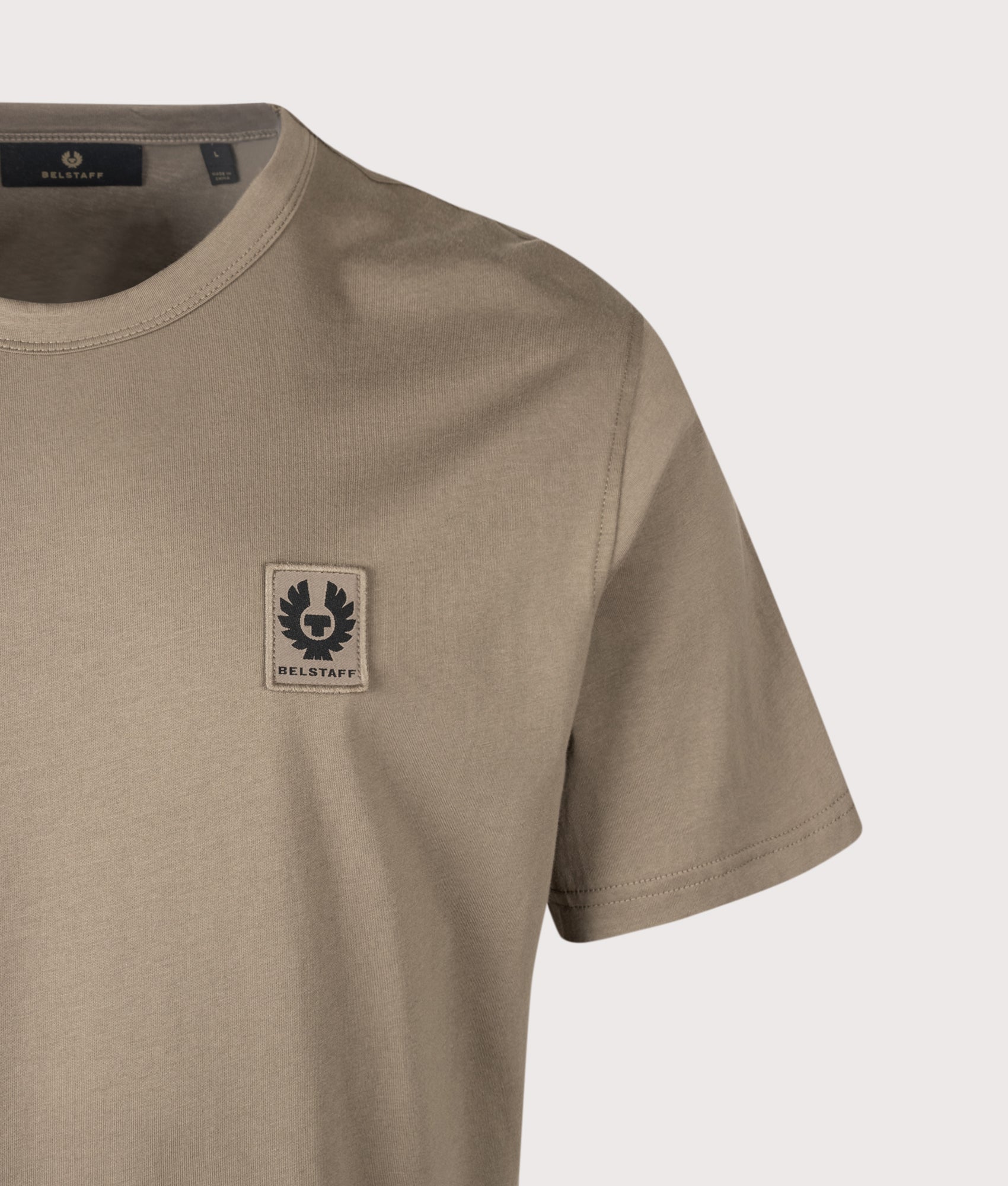 Belstaff Regular Fit Belstaff T-Shirt in  Dusty Taupe at EQVVS Menswear. Detail shot.