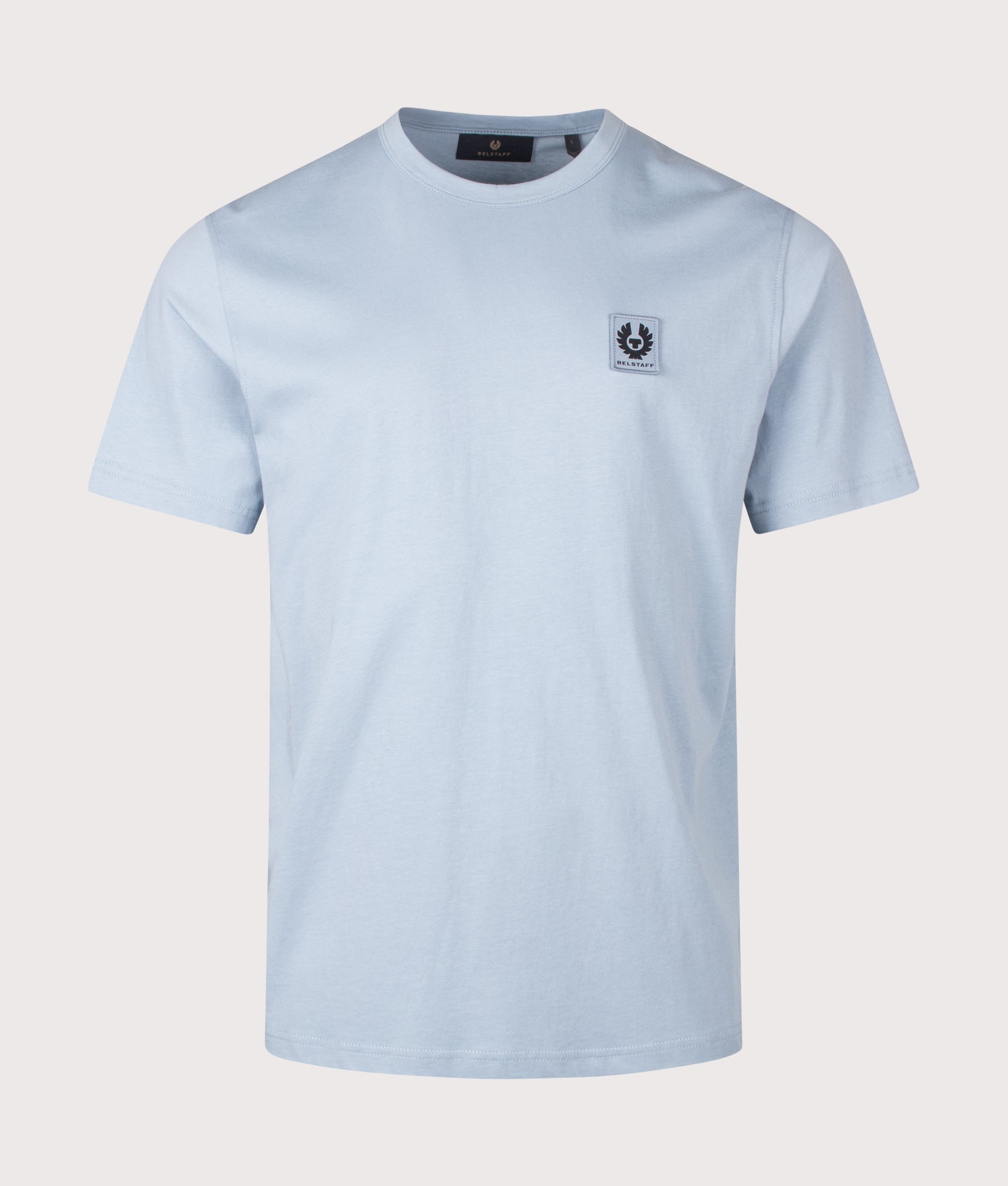 Belstaff Regular Fit Belstaff T-Shirt in Mist Blue at EQVVS Menswear. Front shot.