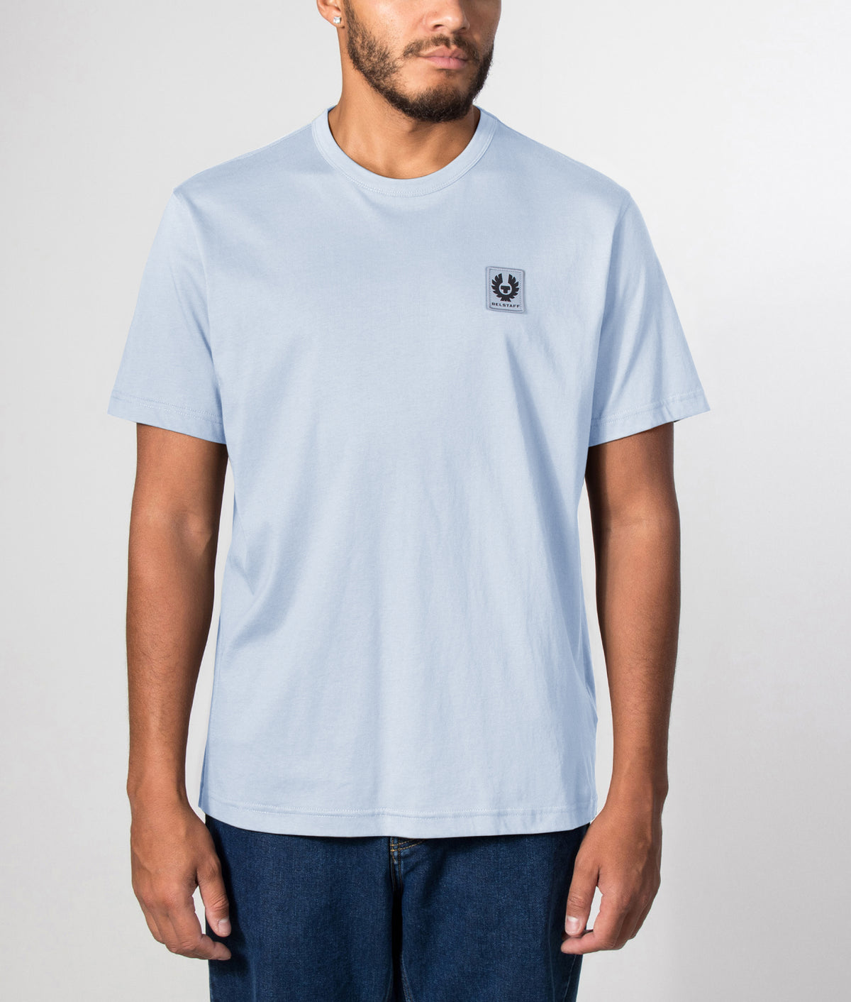 Belstaff Regular Fit Belstaff T-Shirt in Mist Blue at EQVVS Menswear. Front model shot.