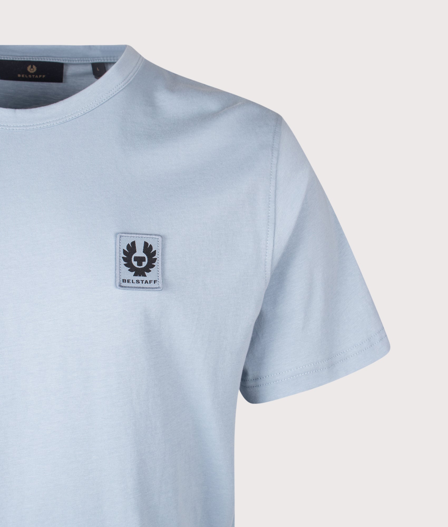 Belstaff Regular Fit Belstaff T-Shirt in Mist Blue at EQVVS Menswear. Detail shot.
