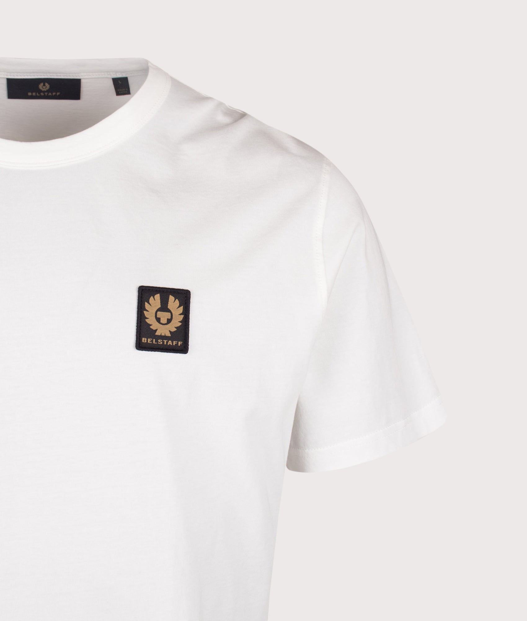 Belstaff Regular Fit Belstaff T-Shirt in White at EQVVS Menswear. Detail shot.