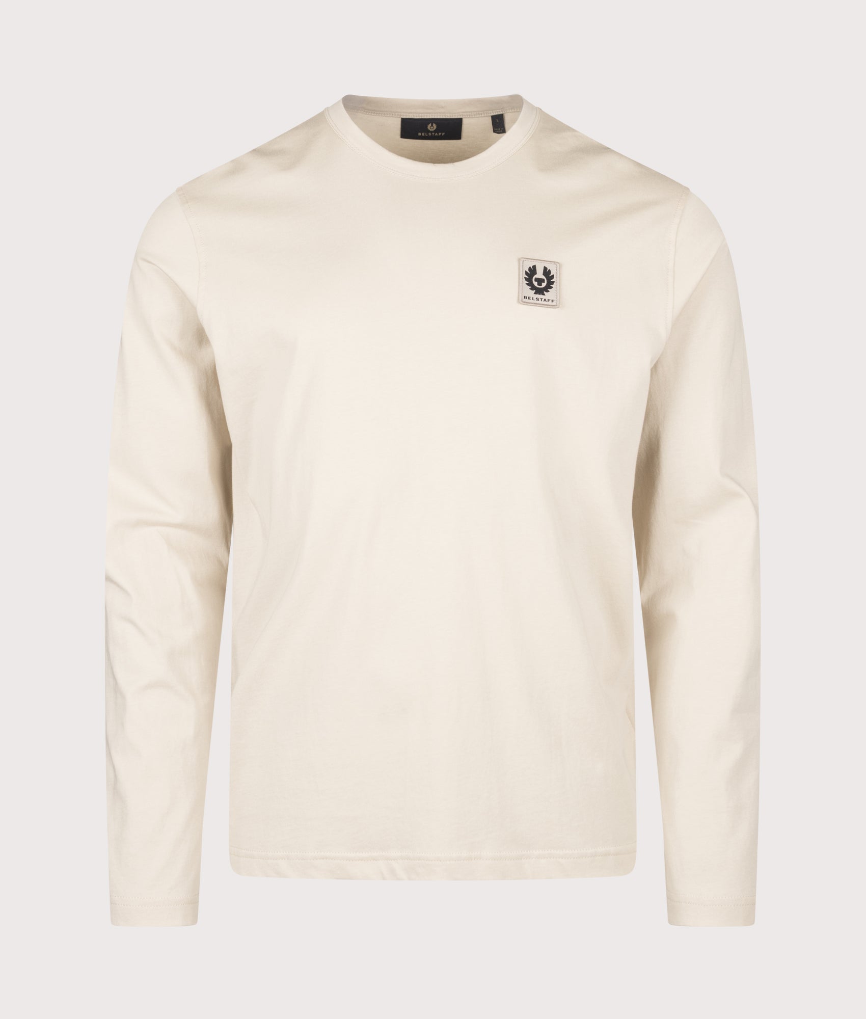 Belstaff Regular Fit Belstaff Long Sleeved T-Shirt in Pale Stone at EQVVS Menswear. Front shot.