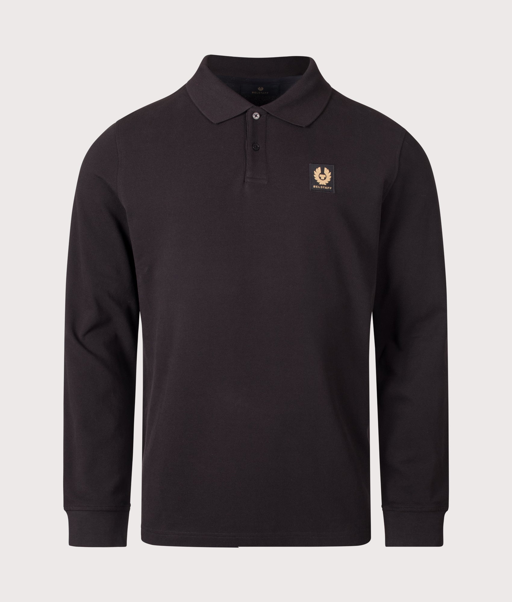 Belstaff Regular Fit Belstaff Long Sleeved Polo Shirt in Black at EQVVS Menswear. Front shot.